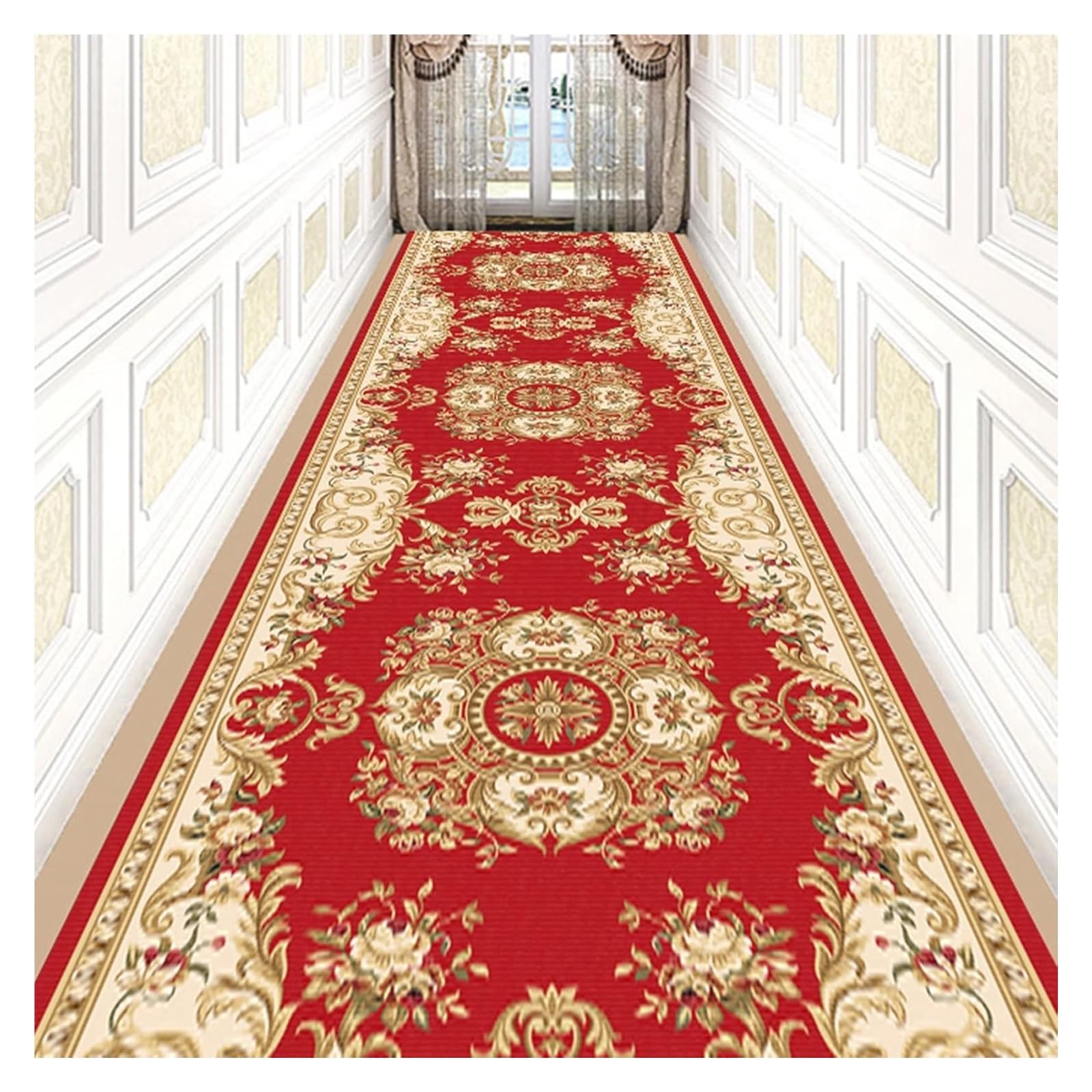 Tapis de Couloir Coloré KEuLen Rouge et Or - Tapis Rectangulaire Très Long 7m