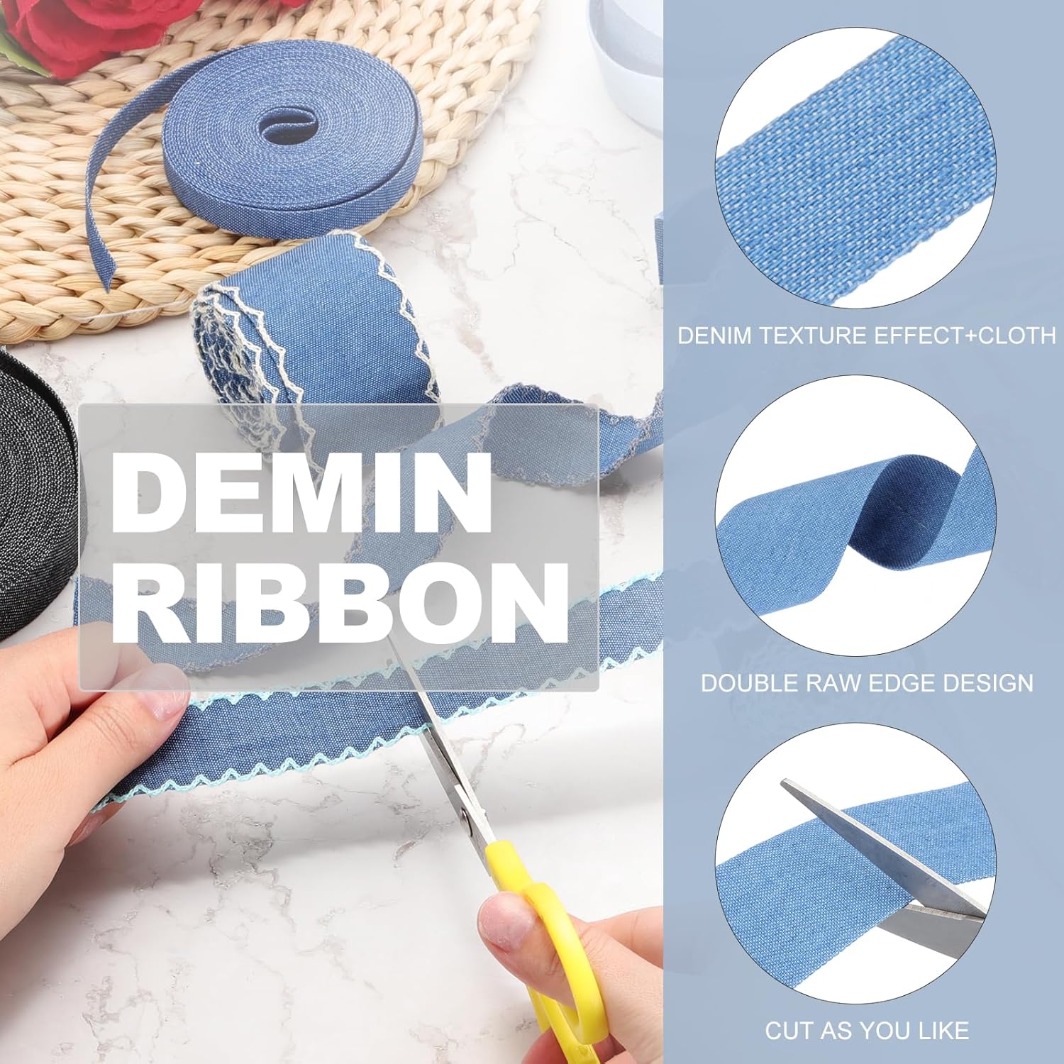 PATIKIL 1.5" Denim Ribbon, 2 Roll Total 11 Yard Layering Jean Fabric Craft Pure Color Strip for Bow DIY Making Hair Clip Garment Sewing Decorations, Blue