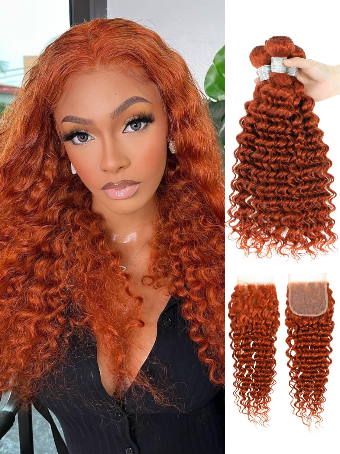 AUROO Ginger Deep Wave Human Hair Bundles With Closure, 12A 100% Virgin #350 Burnt Orange 3 Curly Bundles With 4x4 HD Transparent Lace Closure Remy
