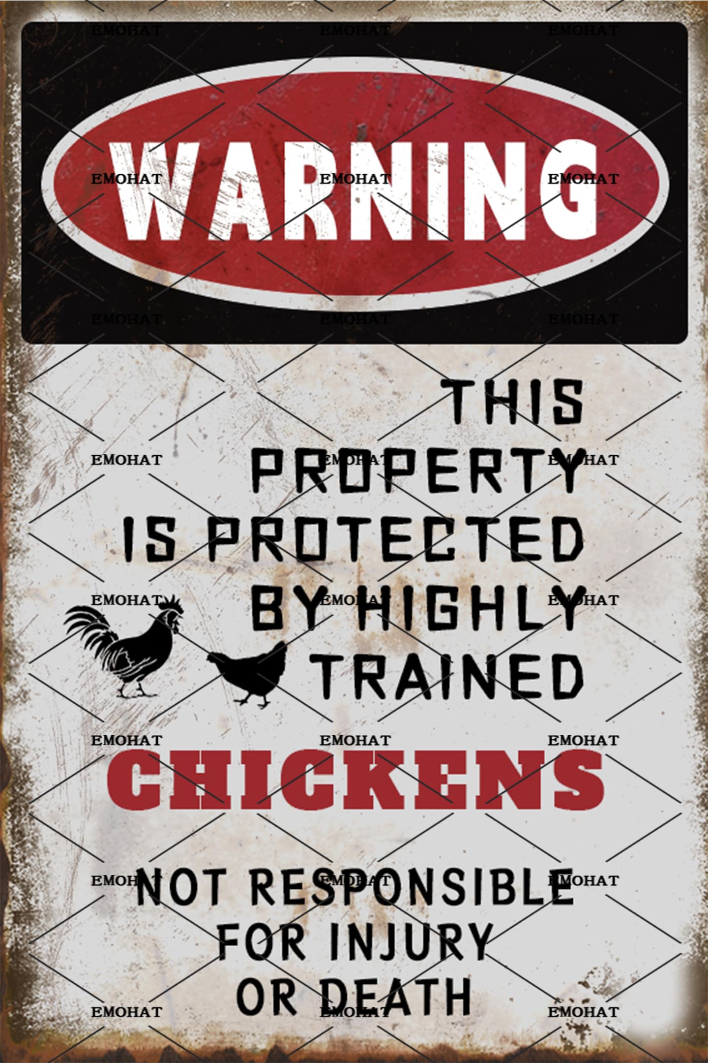 Protected By Trained Chicken Security Tin Sign, 8x12 Inch