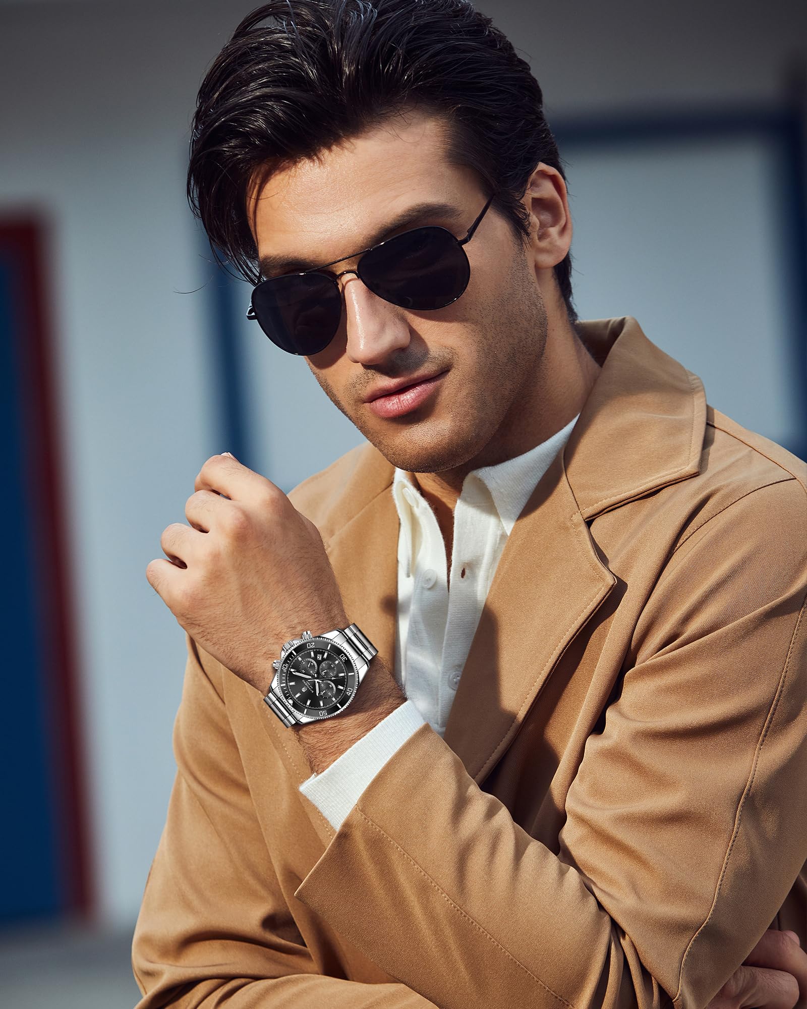 SAPPHERO Uhren Herren Chronograph Analog Quarz 50M Wasserdicht Armbanduhr Herren Mode Lässig Business Herrenuhren mit Kalender Edelstahlarmband Uhr Geschenk für Männer