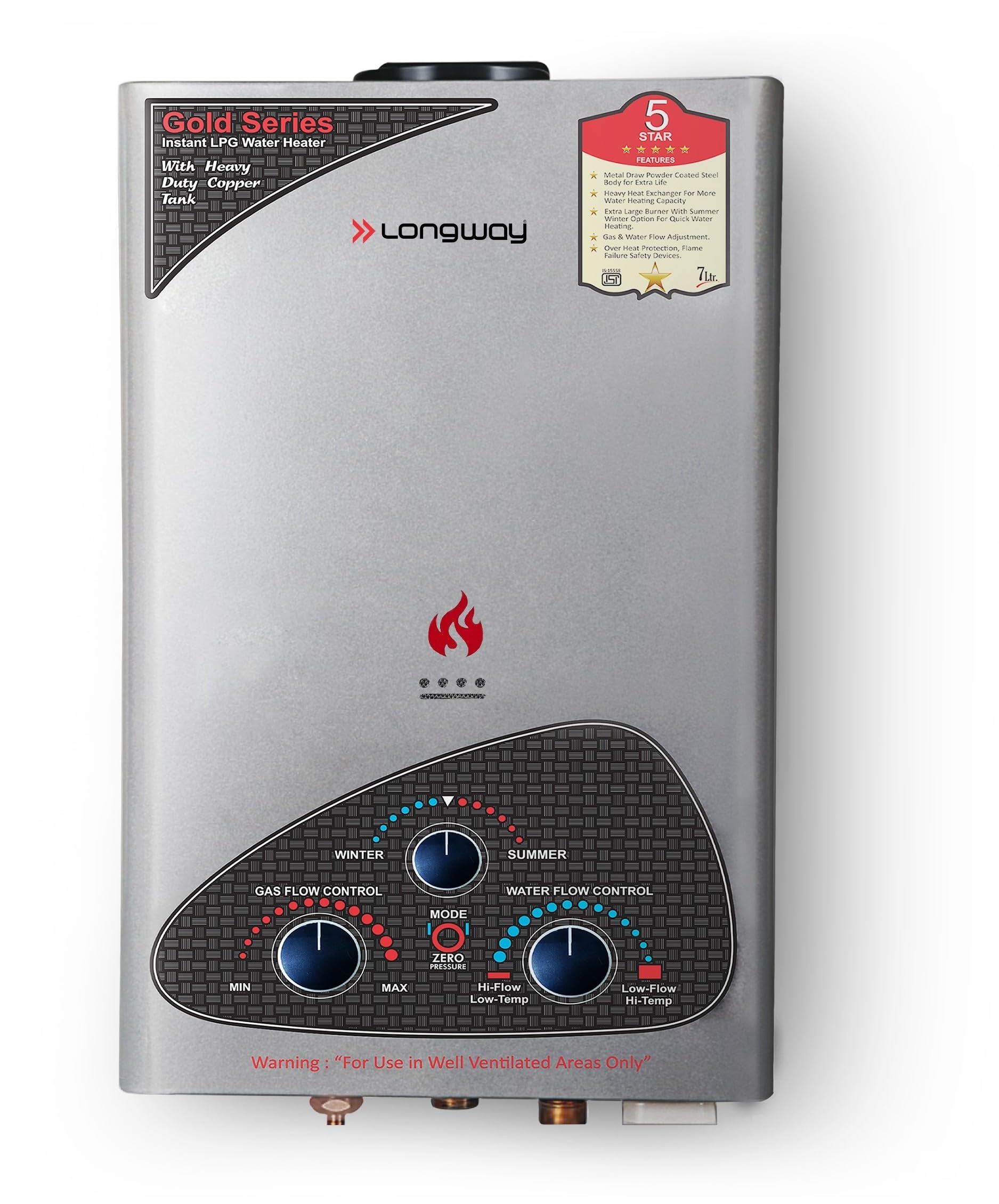 Longway Xolo Gold Dlx 7 Ltr 5 Star Rated Automatic Gas Water Heater for Home, Water Geyser, Gas Geyser with Multiple Safety System & Anti-Rust Coating | 1 Year Warranty (Silver, 7 Ltr)-image-16