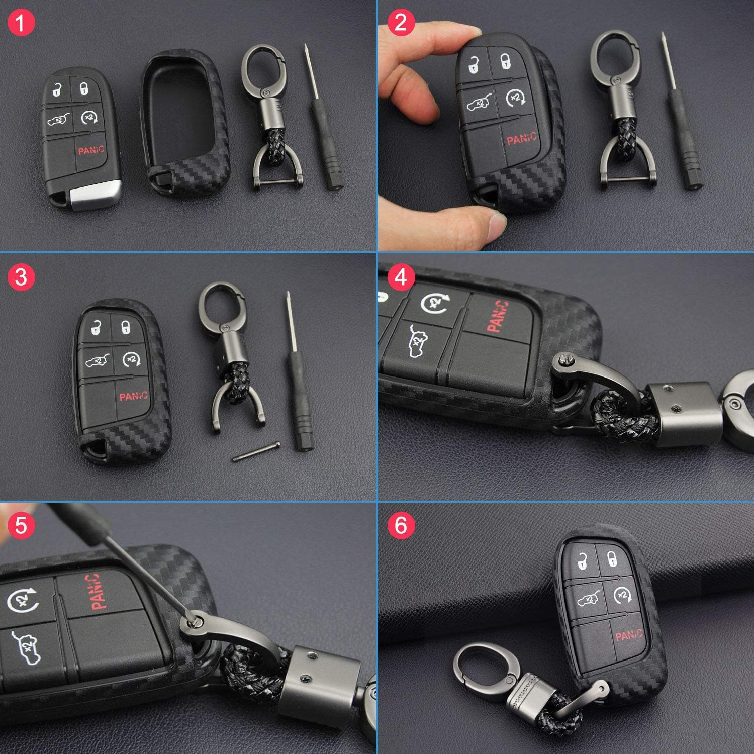 MissBlue Key Cover for Jeep/Dodge/Chrysler/Fiat, Silicone TPU Soft Key Case, Car Key Holder Key Protector for Jeep/for Dodge/for Chrysler/for Fiat Key - Carbon Fiber Pattern - Oval Keychain