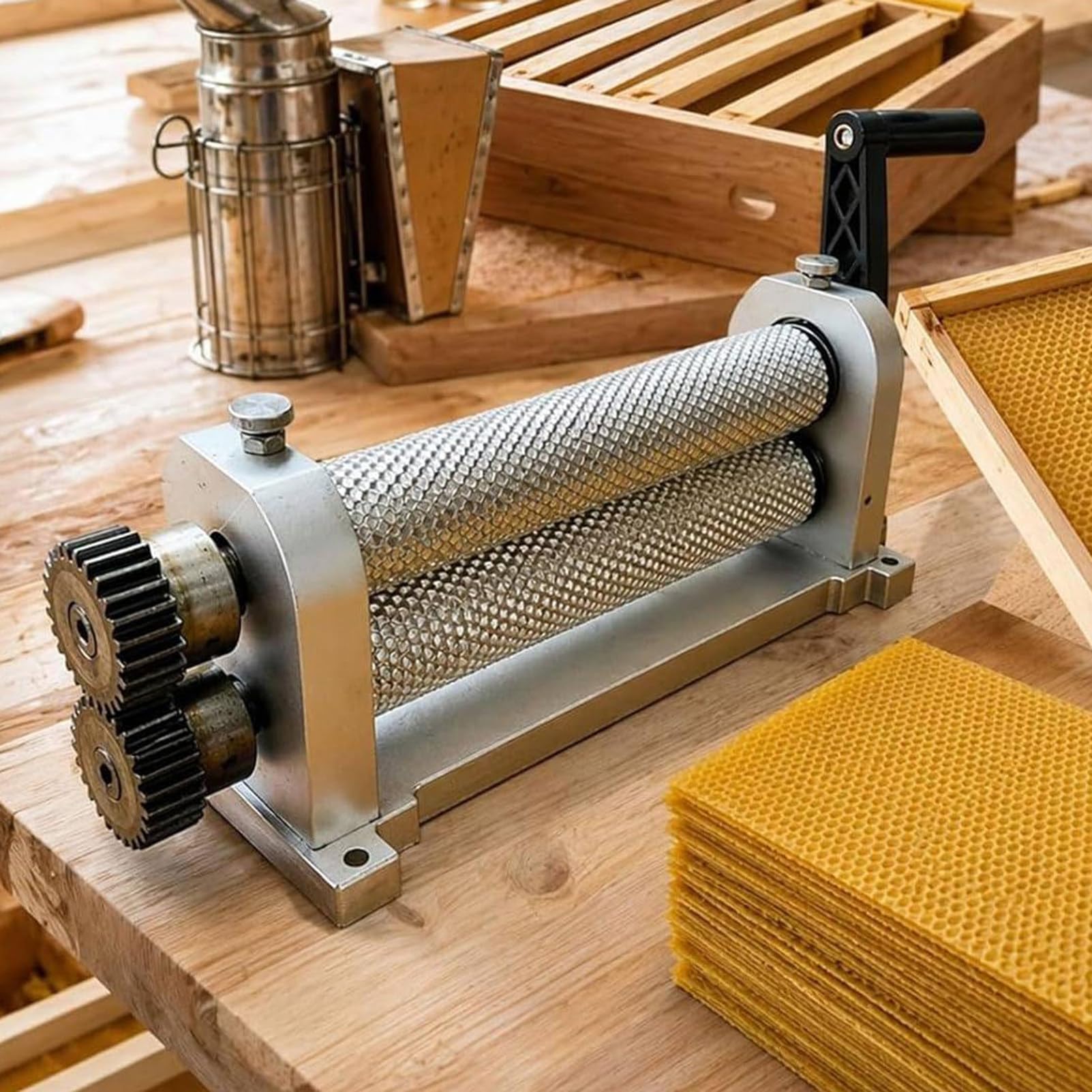 NzEupno Manual Beeswax Foundation Embossing Roller Machine, Honeycomb Pattern Sheet Maker Tool, Hand Crank Wax Foundation Press for Beekeeping Frame Preparation 4.9mm