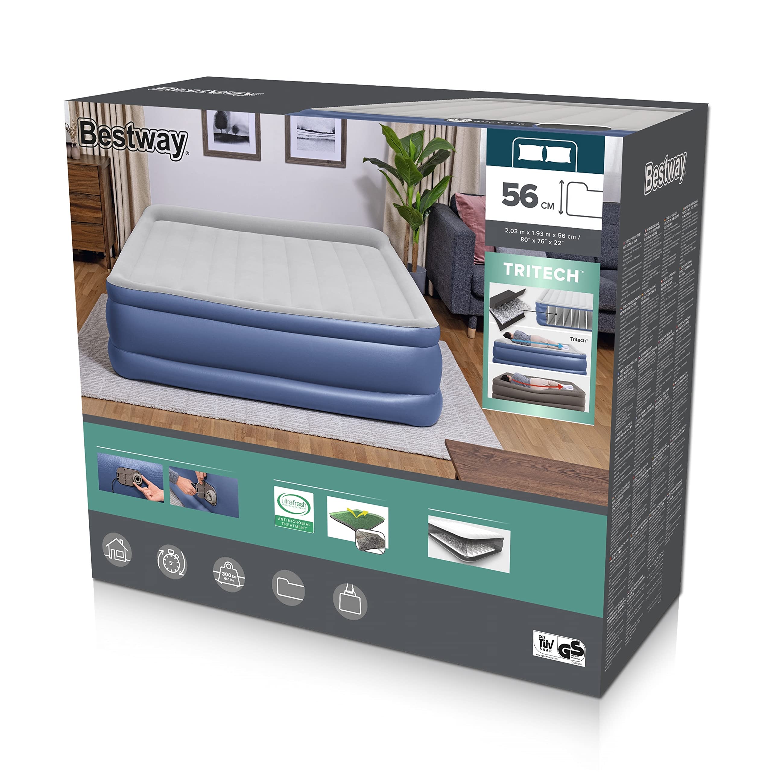 Bestway 80" x 76" x 22"/2.03m x 1.93m x 56 cm Tritech Air Mattress King Built-in AC Pump