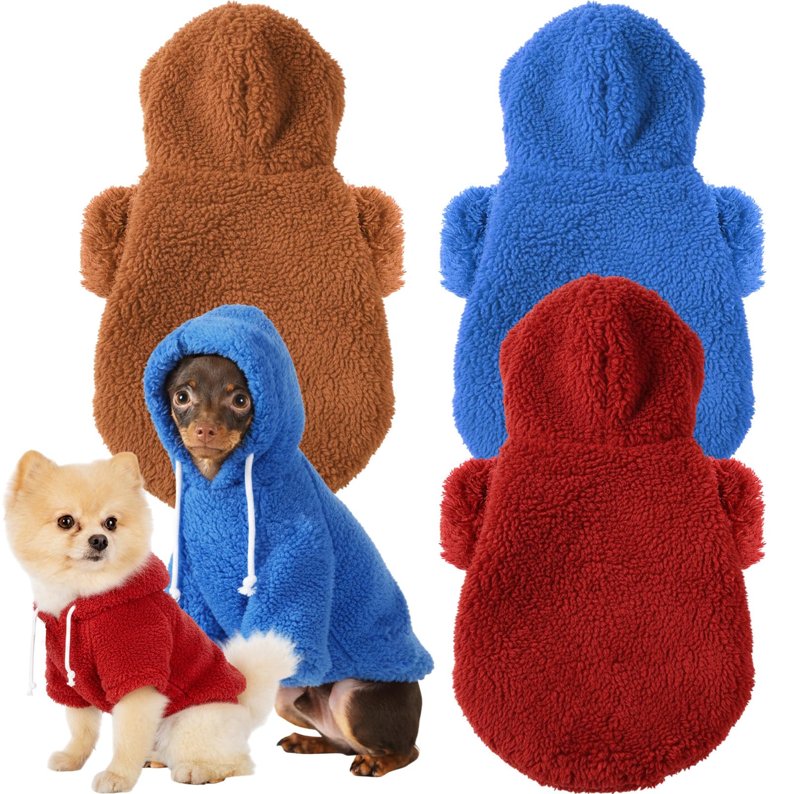 Reginary 3 Pcs Winter Fuzzy Dog Sweaters Girl Boy Dog Hoodies Puppy Hooded Sweatshirts, Warm Soft Fall Cold Comfort Pet Clothes Pet Coats for Small to Large(L)