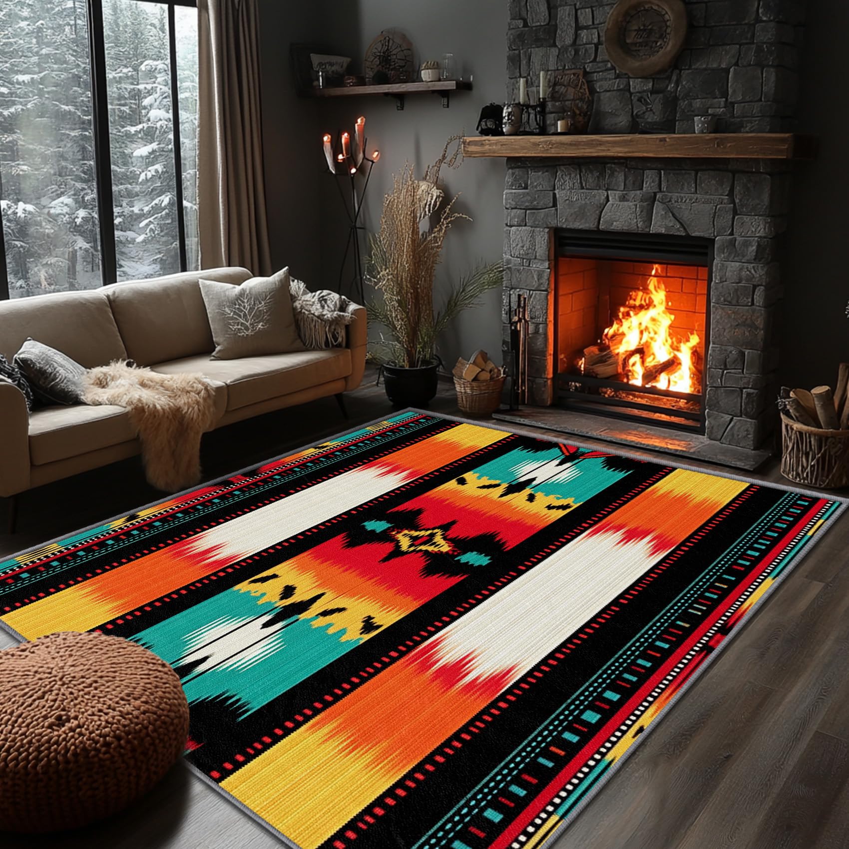Yoozitrees Tribal Rug Washable - Native American Rug, 5x8 Rug, Colorful Aztec Tribal Ethic Geometric Area Rug, Southwestern Rustic Carpet, Washable &