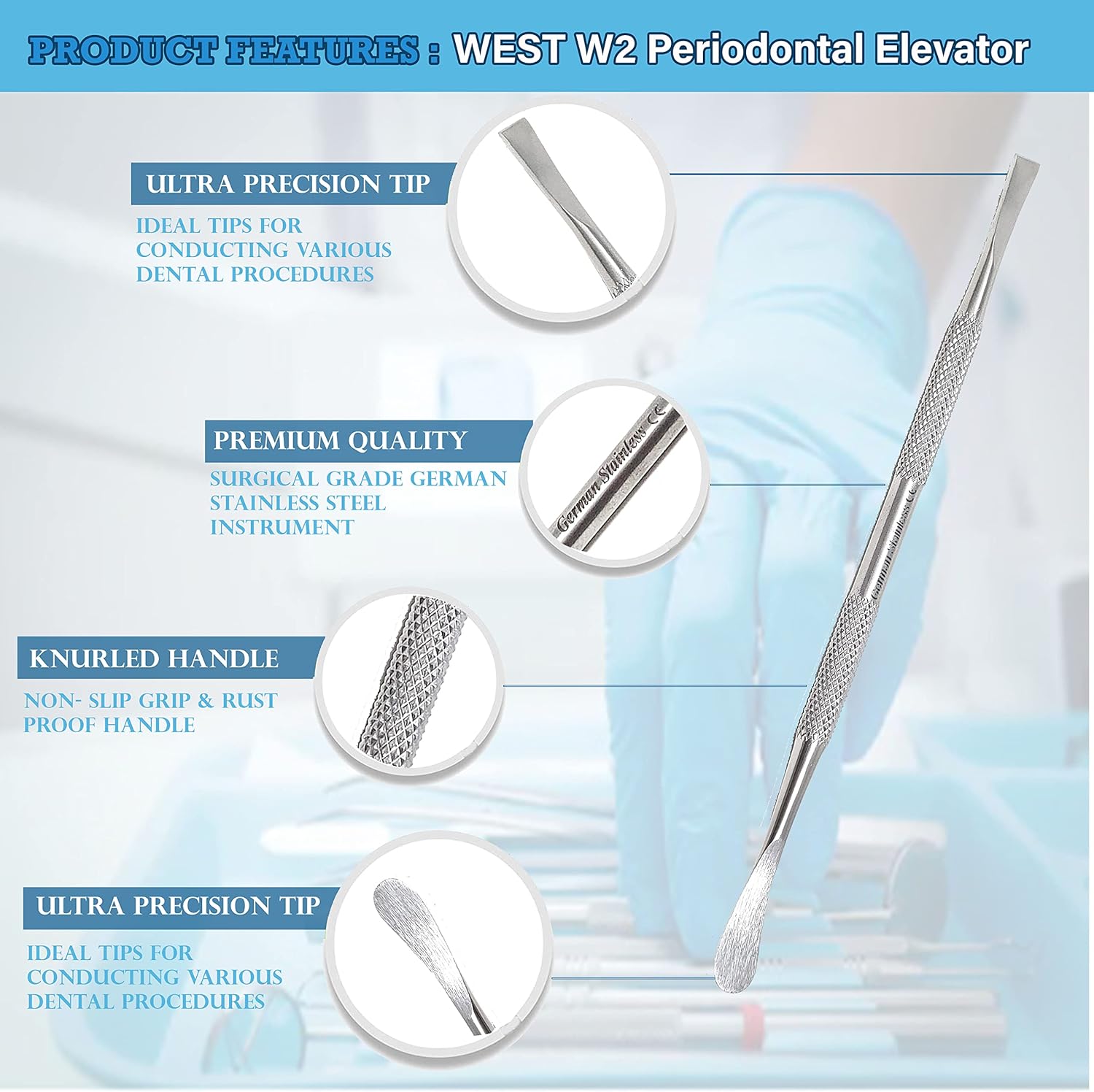 A2Z Dental WEST W2 Elevador de periósto, instrumento quirúrgico oral