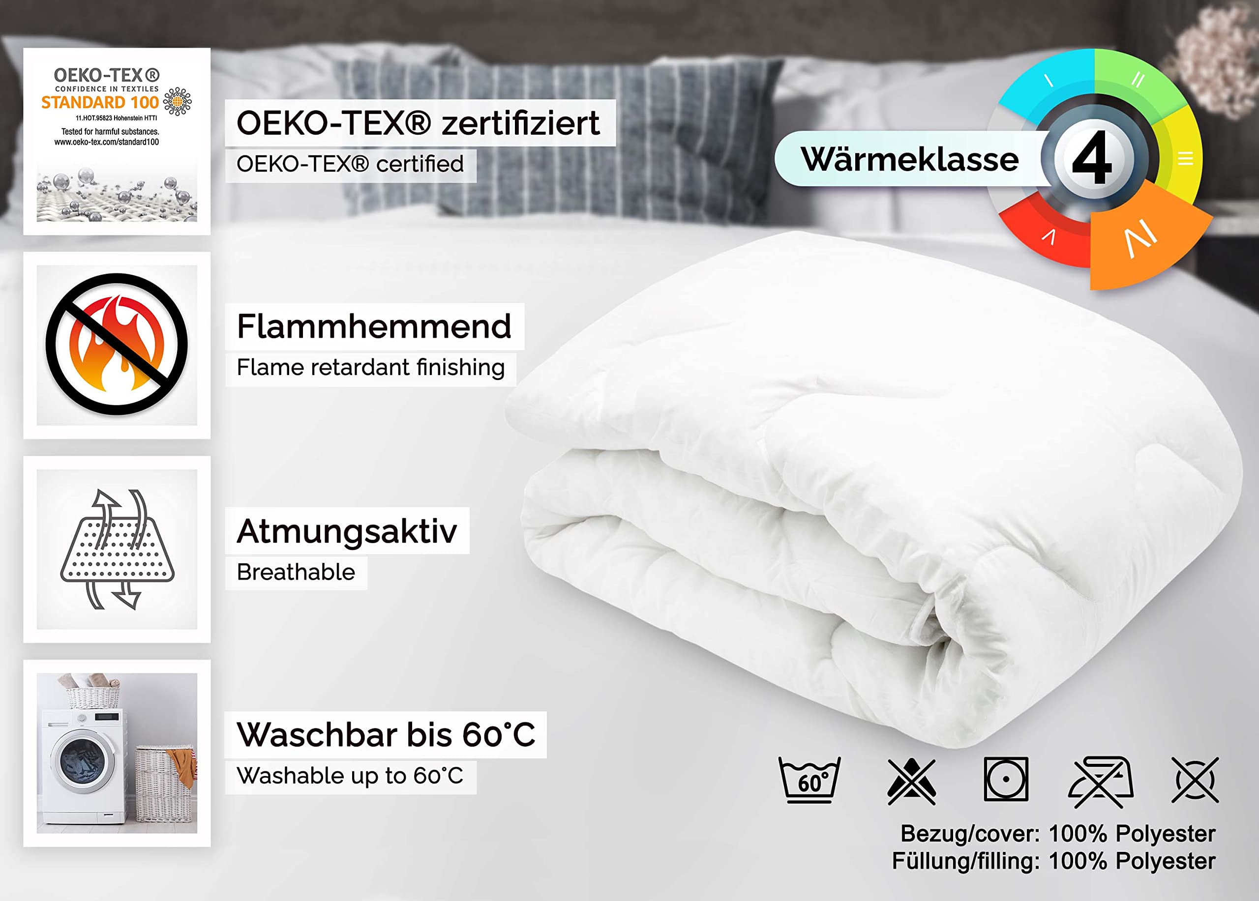 ZOLLNER schwer entflammbare Bettdecke - Polyester - mit Wellensteppung - 135x200 cm - Wärmeklasse 4 - Made in Europe - waschbar bis 60°C - Oeko Tex® Zertifiziert