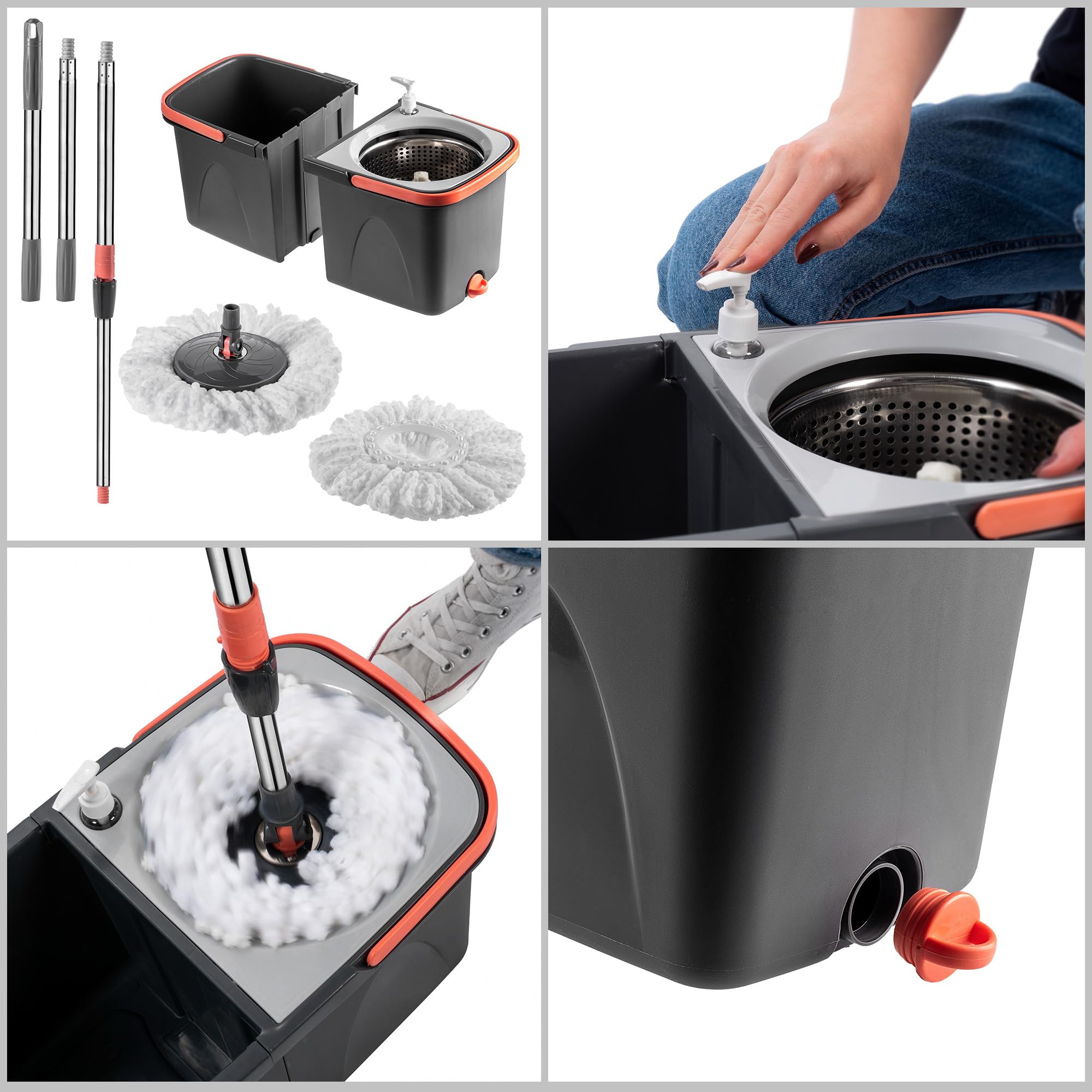 KADAX Balai serpillère rotatif avec fonction essorage, serpillère avec seau à double chambre, serpillère à manche télescopique, serpillère avec seau