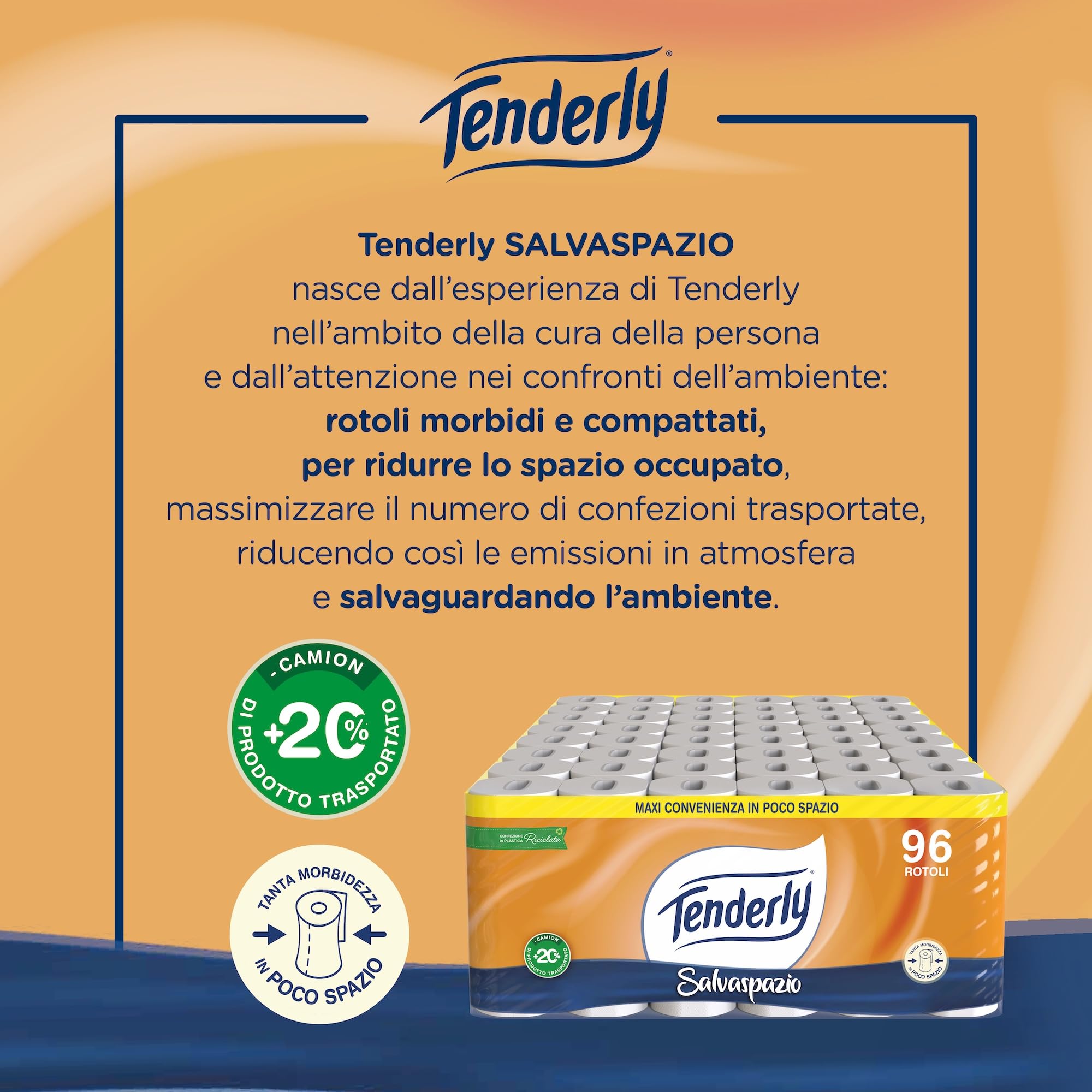 Tenderly Salvaspazio, 96 Rotoli di Carta Igienica, 2 Veli, 220* Strappi per Rotolo, con Estratti Naturali di Malva e Calendula, Made in Italy, Dermatologicamente Testato