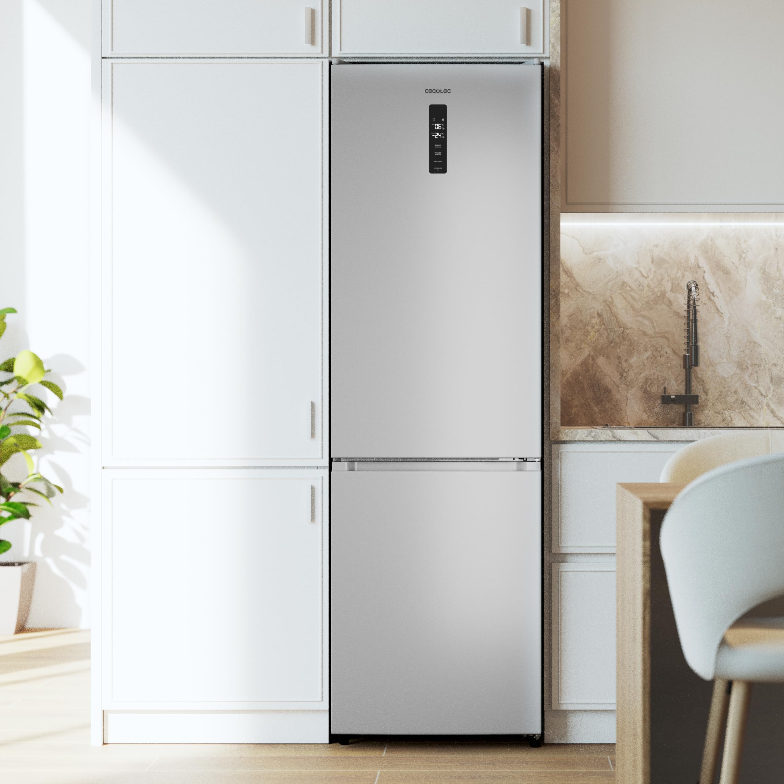 Cecotec Frigorifero Combinato 335L No Frost Bolero CoolMarket Combi 335 Grey E. Altezza 195,3cmx59,5cm Larghezza, Compressore Inverter Plus, Basso Consumo, Ripiani Vetro, Controllo Umidità, Grigio