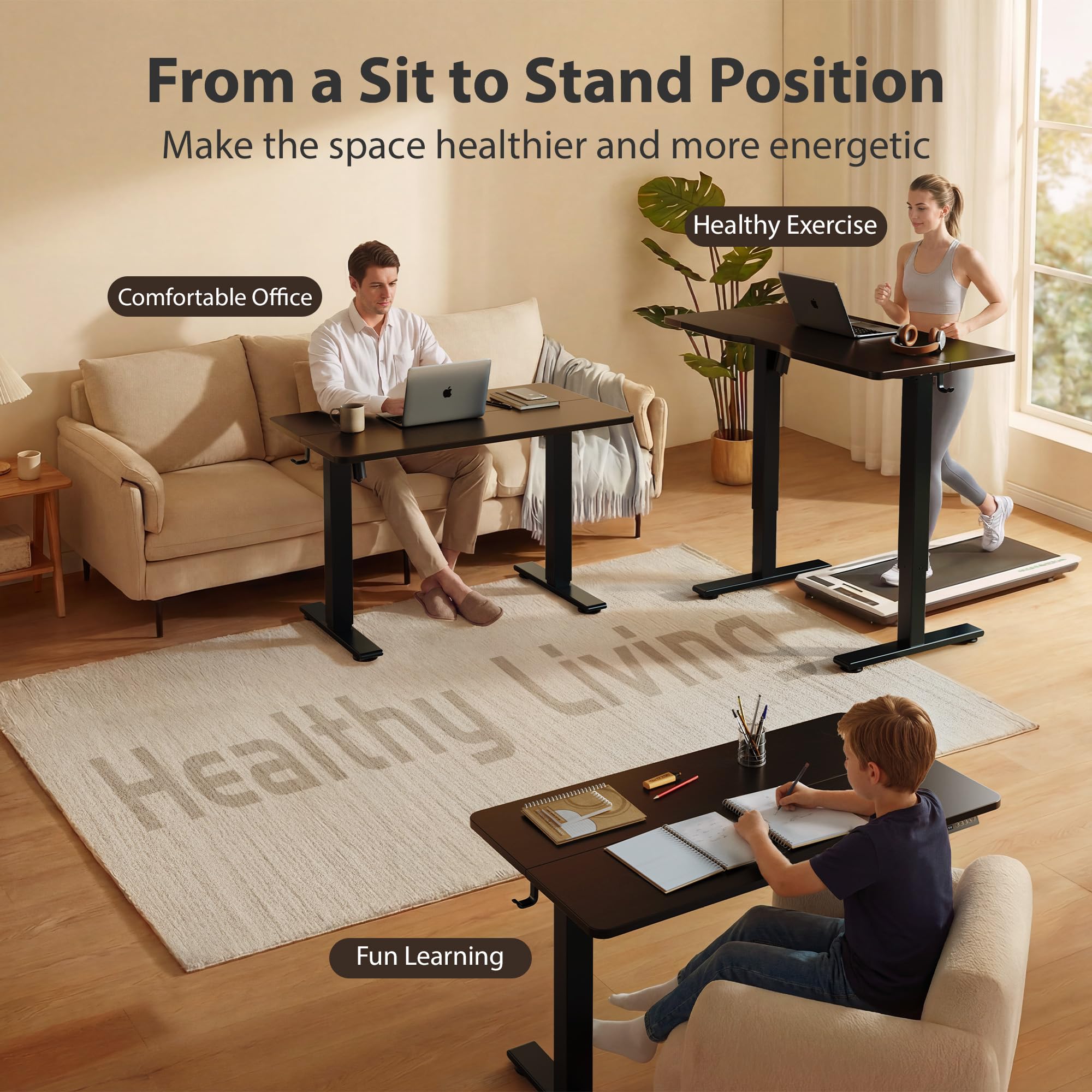 Cubiker Standing Desk, 55x28 Inches Sit Stand Home Office Desk, Electric Stand up Desk, Adjustable Desk with Splice Board, Black Frame/Black Top view 3