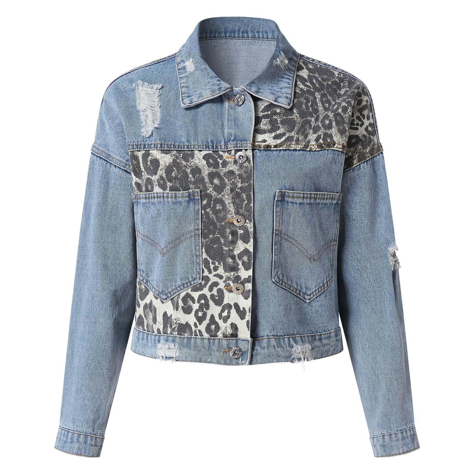 2024 Chaqueta Vaquera Mujer Moda Leopardo Manga Larga Chaqueta Abrigo con Bolsillos Jean otoño Primavera Casual Mezclilla Cardigan Botones Fiesta Vacaciones