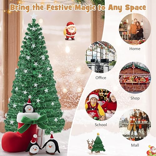 Miniatura 7 de HAPPYGRILL Árbol de Navidad preiluminado de 7 pies, árbol de Navidad artificial con 280 puntas de rama, 40 luces de estrella blancas cálidas, fibra