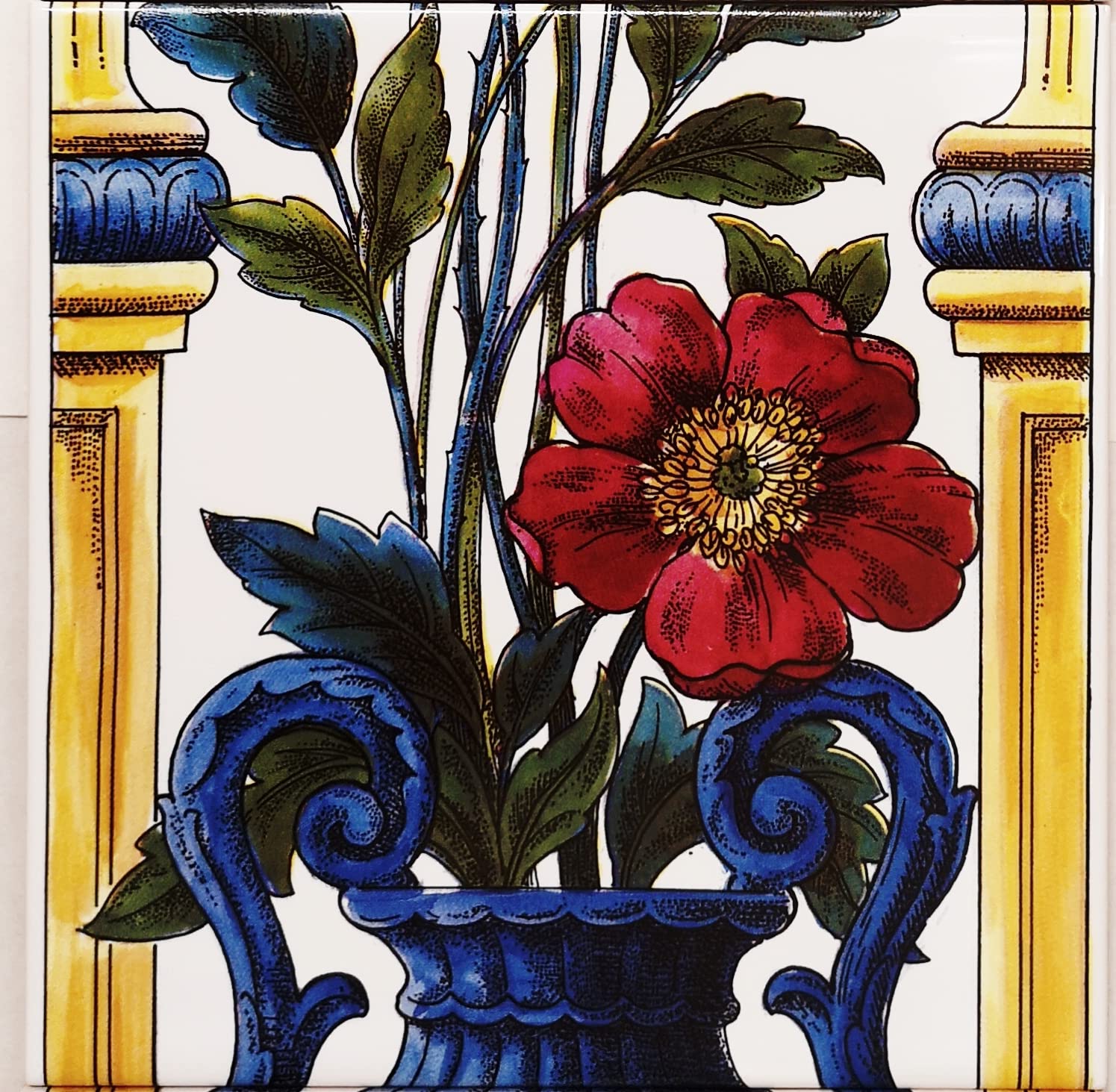 Wheatsheaf & Poppy kominek kafelkowy mural dekoracyjne maki pionowe 5 płytek 15 x 15 cm ręcznie dekorowane w Wielkiej Brytanii, Multis