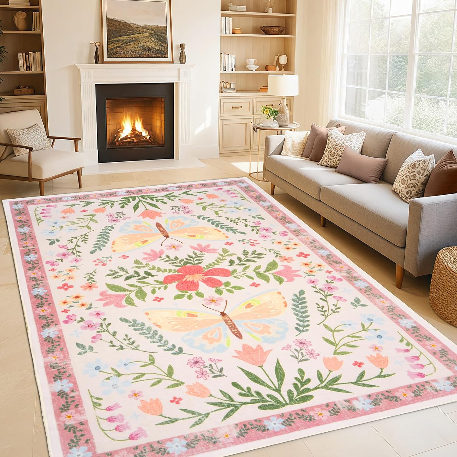 5'x7' Living Room Area Rug - Faux Wool Non-Skid Rug Stain Resistant Machine Washable Low Pile Soft Indoor Carpet Floral Aesthetic Large Floor Mat for Bedroom Kitchen Entryway Office (Beige, 5'x7')