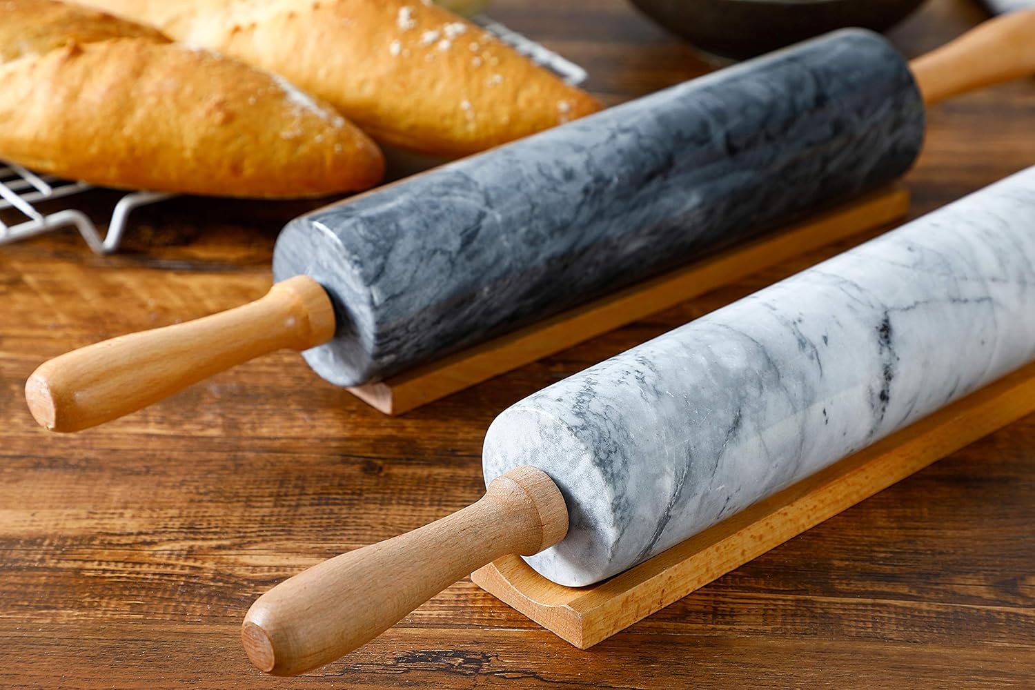 Snugrom Polished Marble Rolling Pin with cradle, 18 inch, Non Stick Surface, Heavy Duty and Soild Rolling Pin with Handle and Wooden Base White,F150,for Fondant, Pie Crust, Cookie, Pastry, Dough: Home & Kitchen