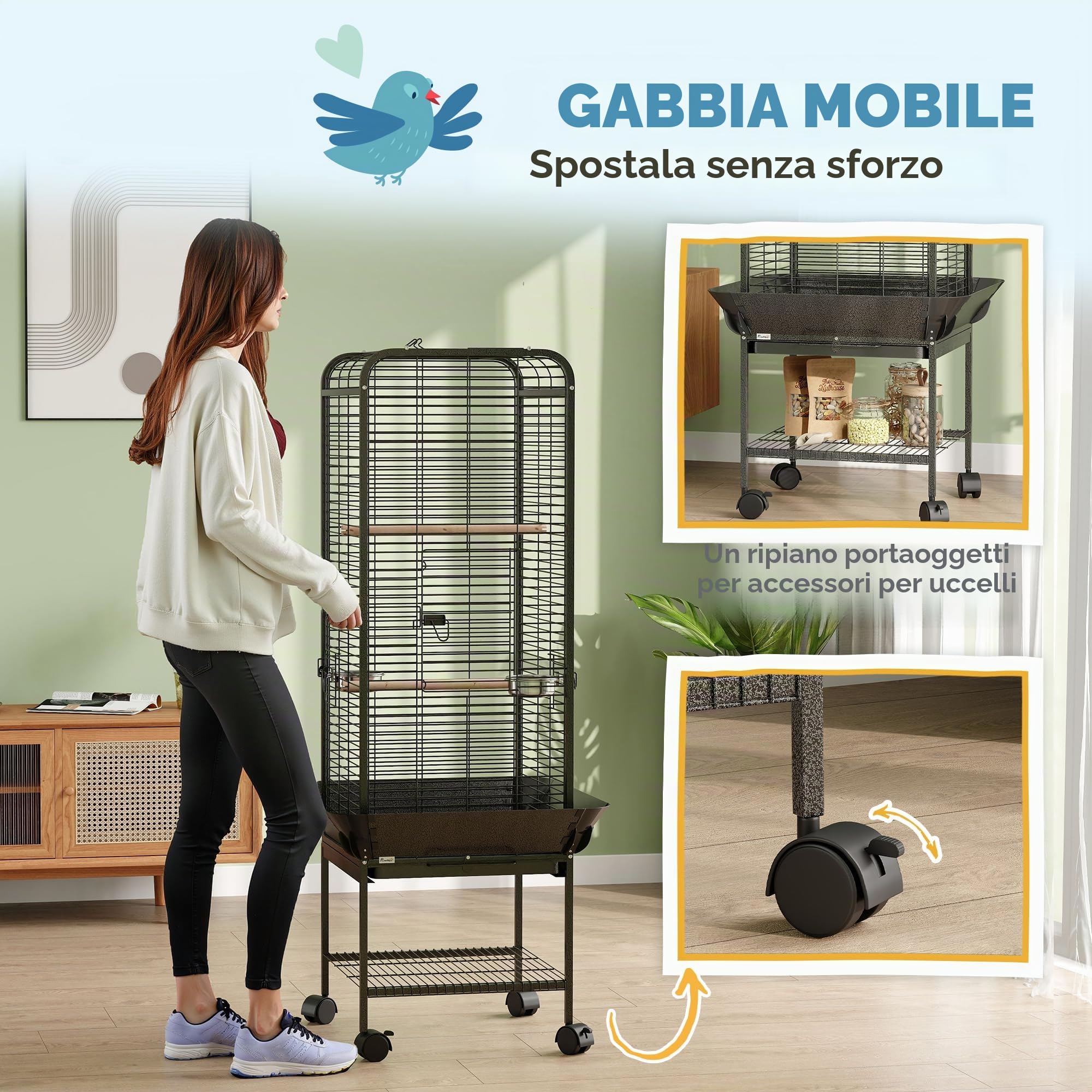 PawHut Gabbia per uccelli 62,5x62,5x146 cm Grigio scuro | Ruote, trespoli, mangiatoie, ripiano, vassoio rimovibile, per cacatua & pappagalli