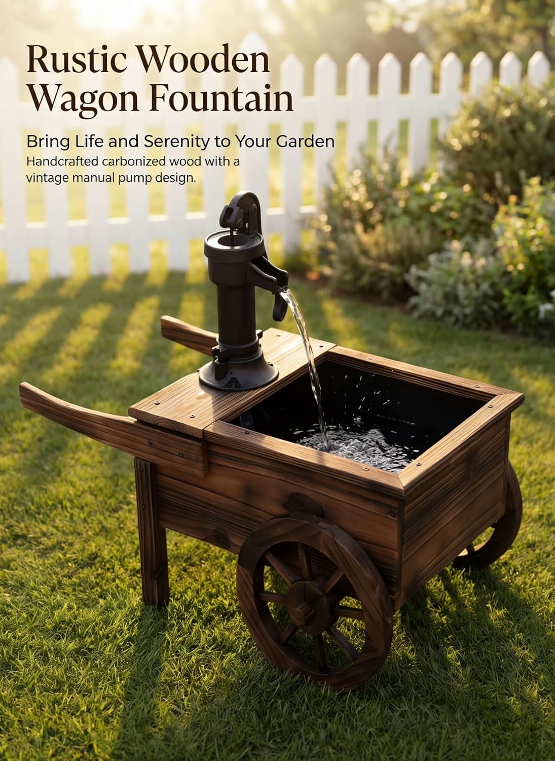 Carbonized Wood Outdoor Freestanding Fountain - Movable Vintage Hand Pump Cart, Plug-in Water Pump Electric Decorative Water Feature for Patio, Garden & Indoor Decoration