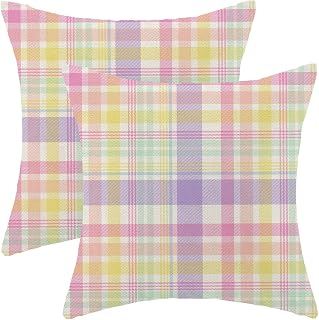 Easter Pillow Covers 18x18 Inch Pink Purple Buffalo Plaid Throw Pillow Covers Set of 2 Farmhouse Spring Easter Tartan Plaid Pillowcases Outdoor Decor for Living Room Bedroom Linen Cushion