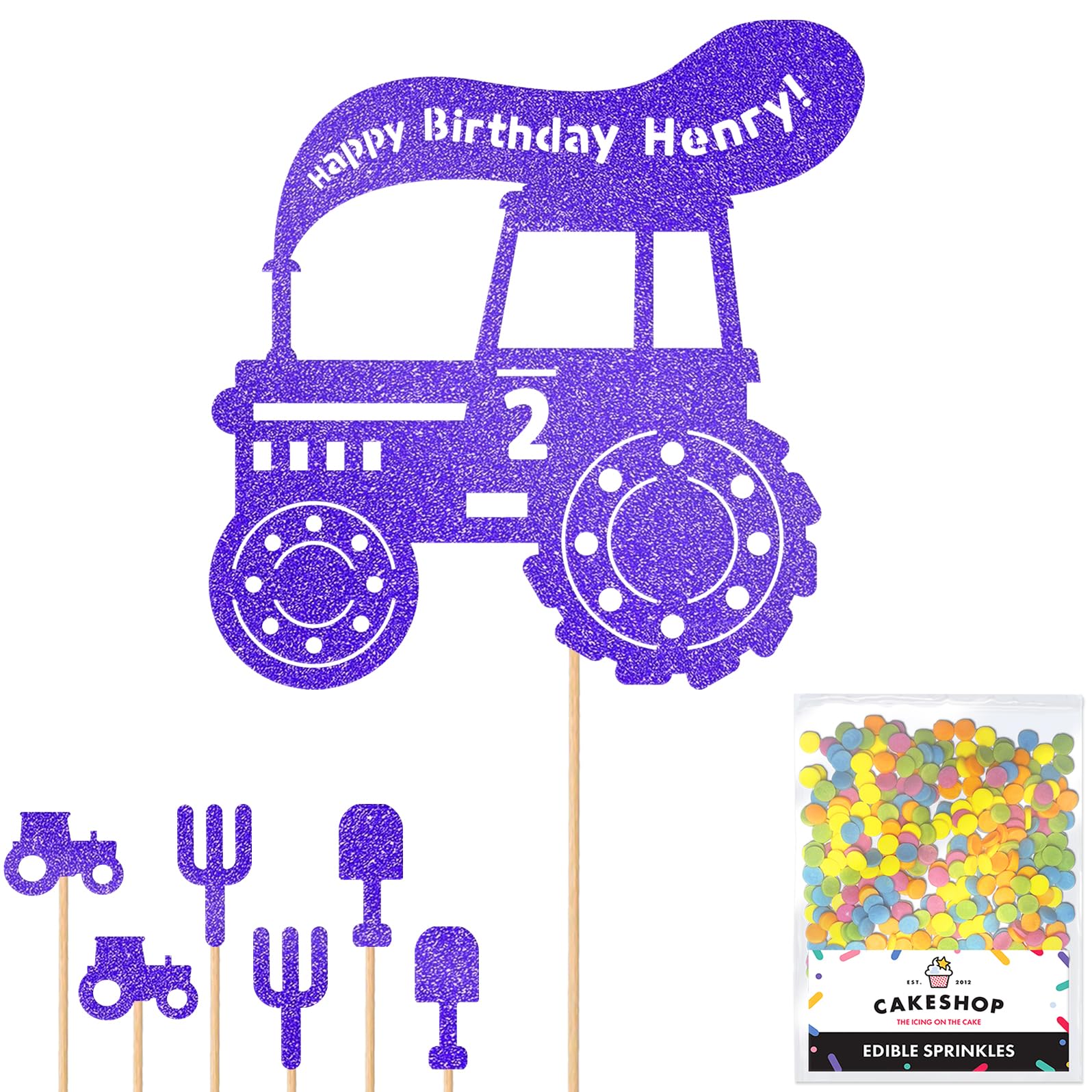 Personalised Farm Tractor Glitter Cake Topper- Bright Blue Any Custom Age & Name Glitter Cake Decoration and Sprinkles - Happy Birthday Decorations - Personalised Toppers for Cakes by Cakeshop — image 1