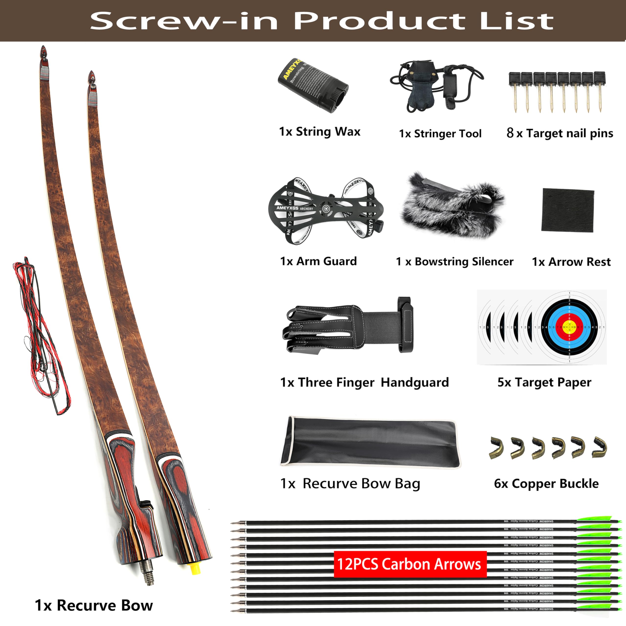 60" Takedown-Longbogen 20-55 Lbs Traditioneller Holzdreiecksbogen Rechtshänder für Bogenschießen, Jagen und Zieltraining
