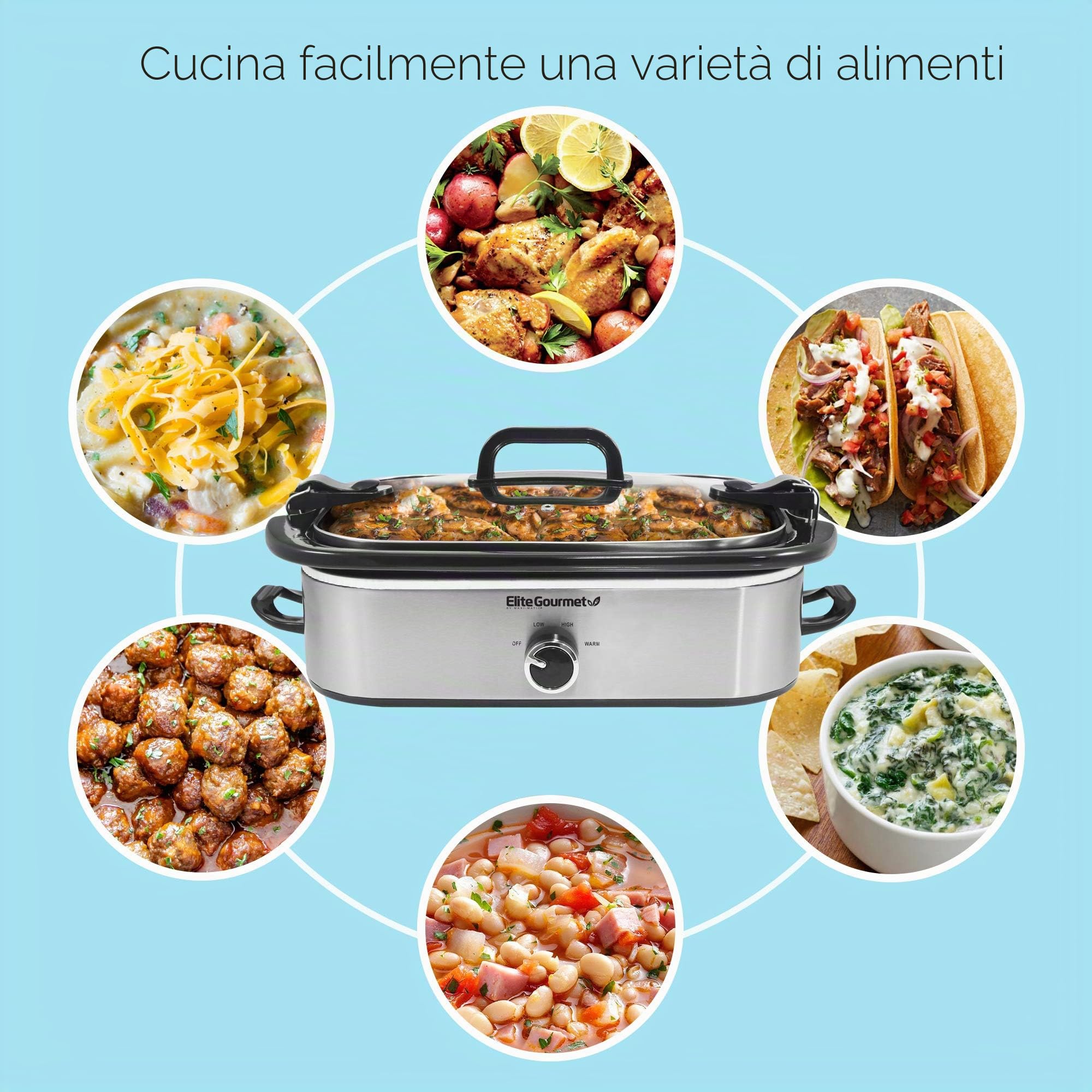 Elite Gourmet, Casseruola per cottura lenta MST-5240SS, coperchio con blocco, temperatura regolabile, mantenimento in caldo, adatta a forno e lavastoviglie, capacità 3,3 l, acciaio inox
