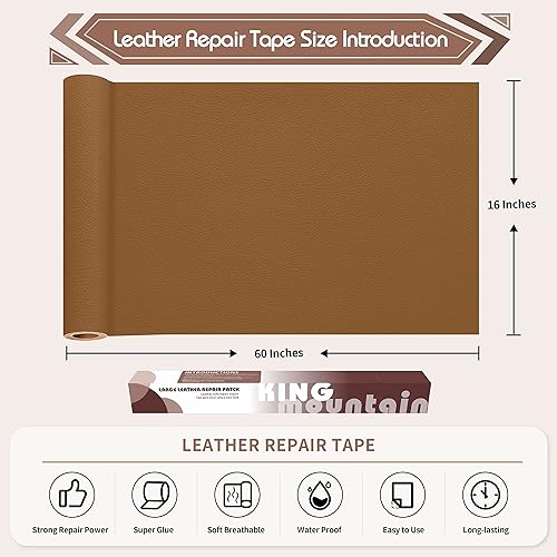 Vista 115 de KING MOUNTAIN Cinta de reparación de cuero, 16 x 60 pulgadas, gris, autoadhesiva, impermeable, ecológica