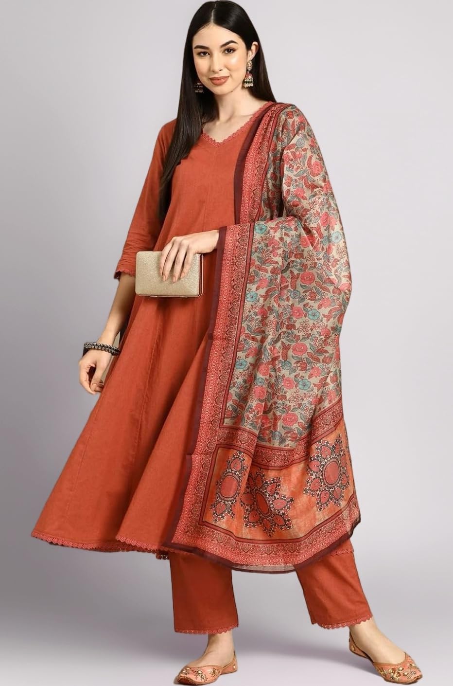 GoSriKi Women's Rayon Blend Anarkali Printed Kurta with Pant & Dupatta