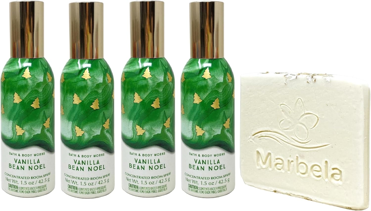 Bath & Body Works Vanilla Bean Noel Concentrated Room Spray 4 Piece Bundle with a Natural Oats Sample Soap