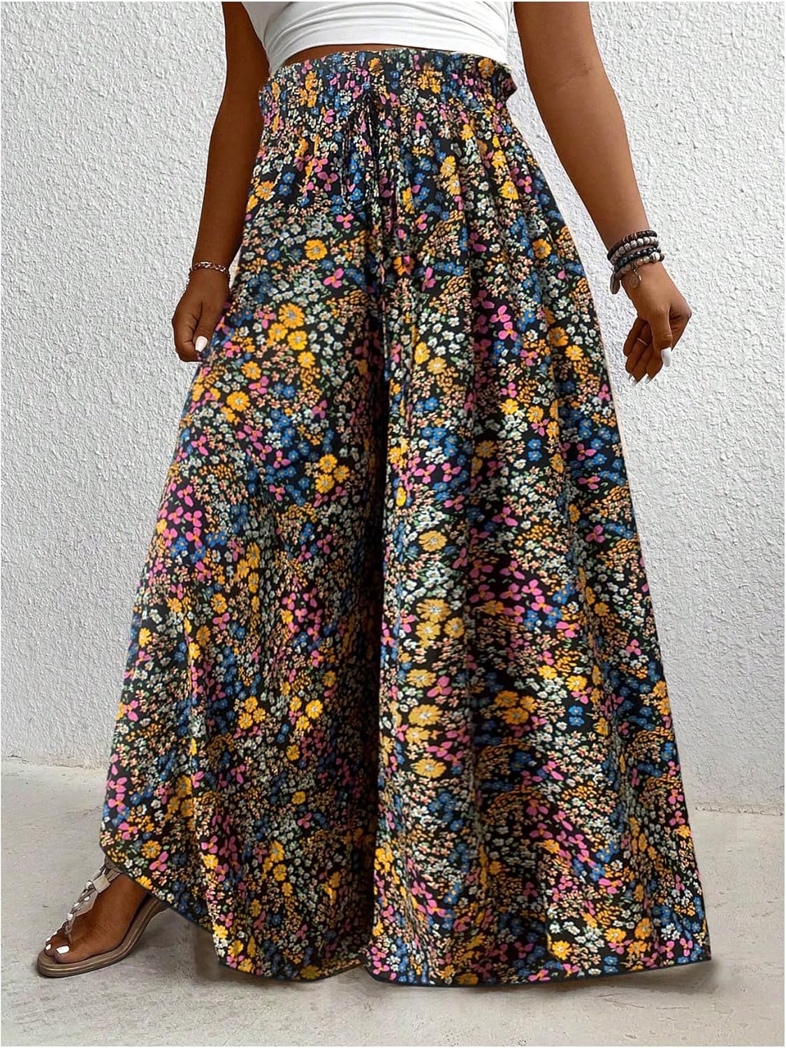Women's Plus Size Floral Baggy Pants Boho Drawstring Wide Leg Flowy Vacation Palazzo Pants - Image 2