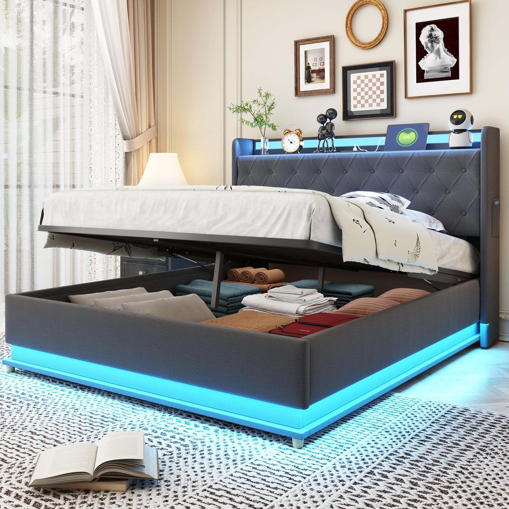 Kayan LED-Polsterbett 140X200 cm, Bett mit Großer Stauraum & Lattenrost, Bettgestell Metall Boxspringbett, Polster Kopfteil mit Regal und USB-Ladeanschluss, Ohne Matratze