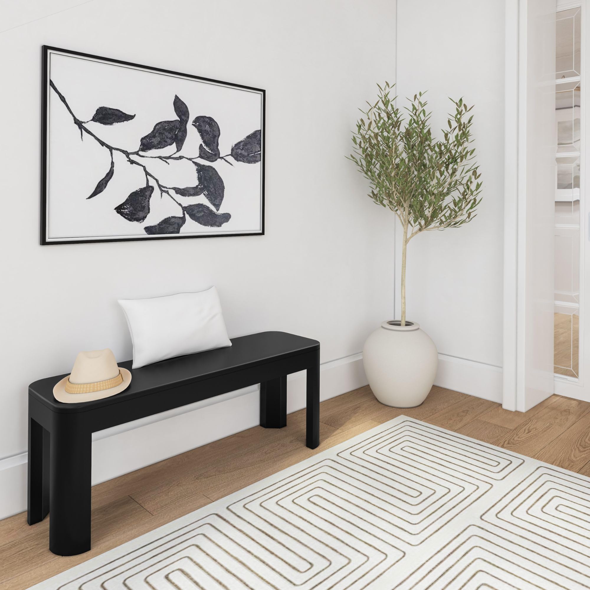 Plank+Beam Contour Dining Bench, 46 Inch, Black | Non-Toxic Finishes, Easy Assembly, Modern Style, Quick Setup, Solid Wood