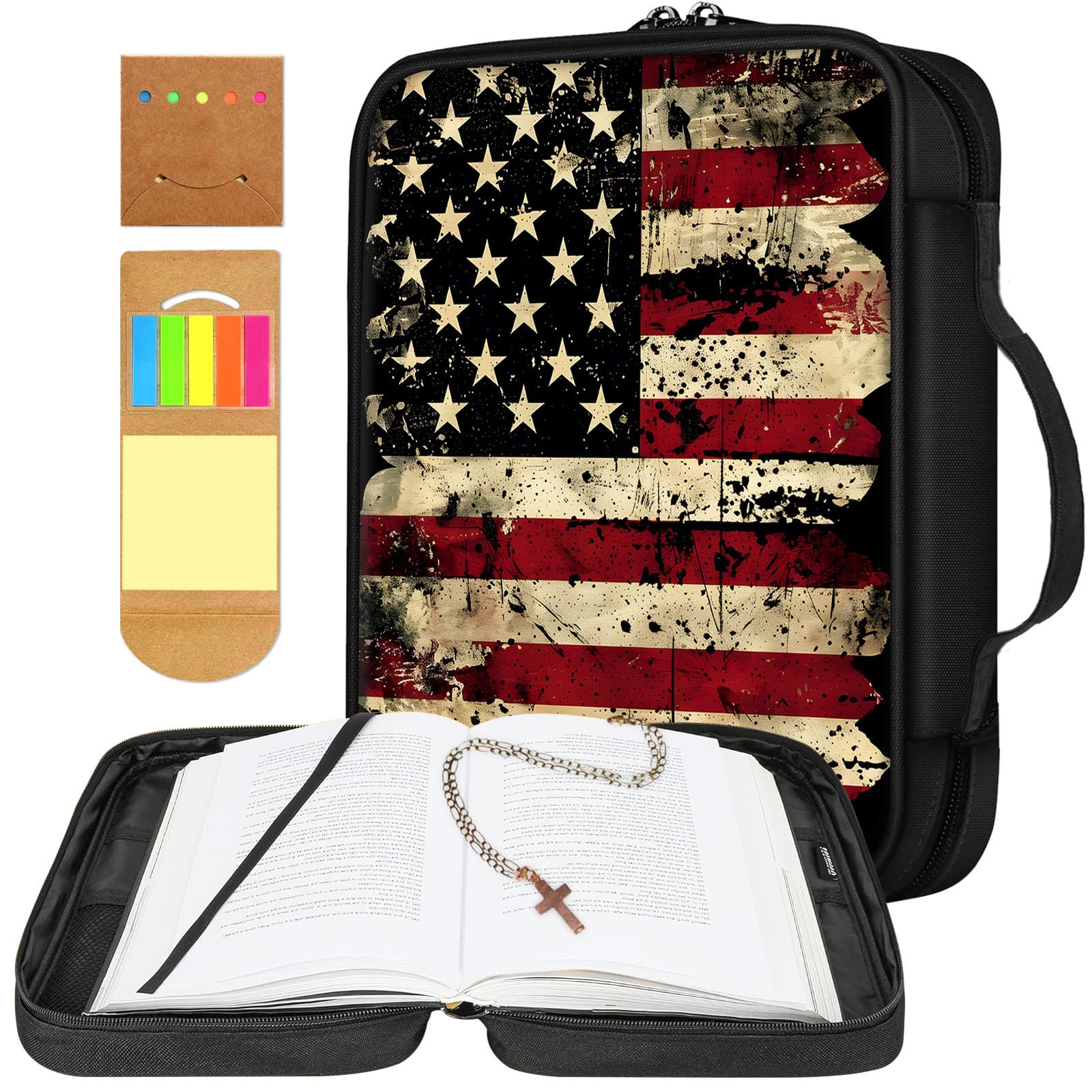 Tudguiloae Bible Cover for Women, American Flag Theme, Bible Case, Bible Bag, Large Space, Multiple Zippered Pockets, Waterproof Canvas, Bible Holder