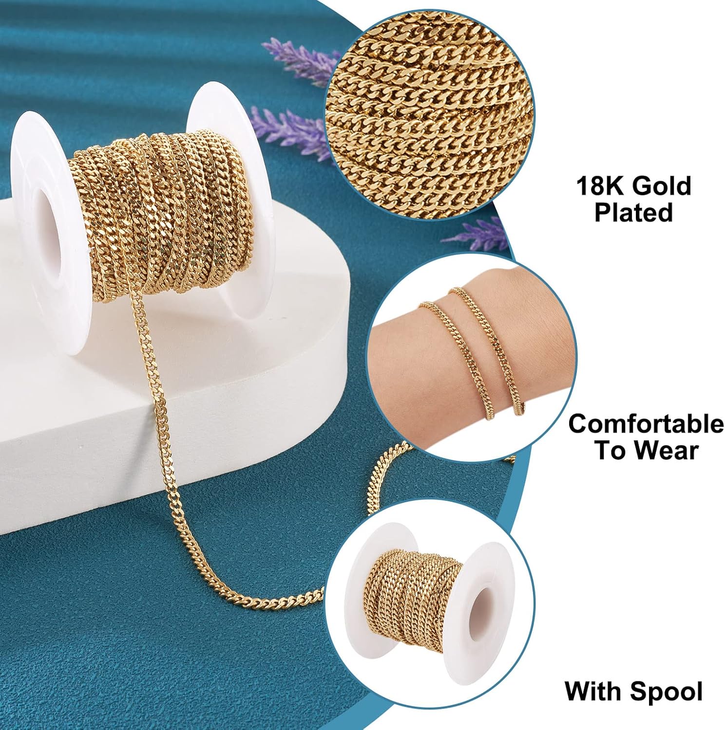 Pandahall 16.4 Feet Brass Curb Chain Link Real 18K Gold Plated Soldered Twisted Chain Necklace 3.1x3x1.5mm with Spool for DIY Jewelry Making - Image 2