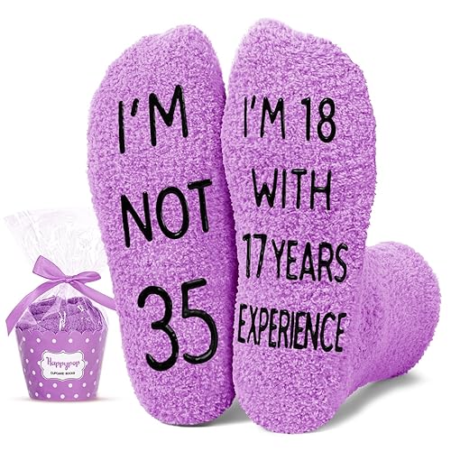 HAPPYPOP Unique Birthday Gifts for Women - Fuzzy 31 32 33 34 35 Year Old Socks - 18 With 17 Years Experience Purple