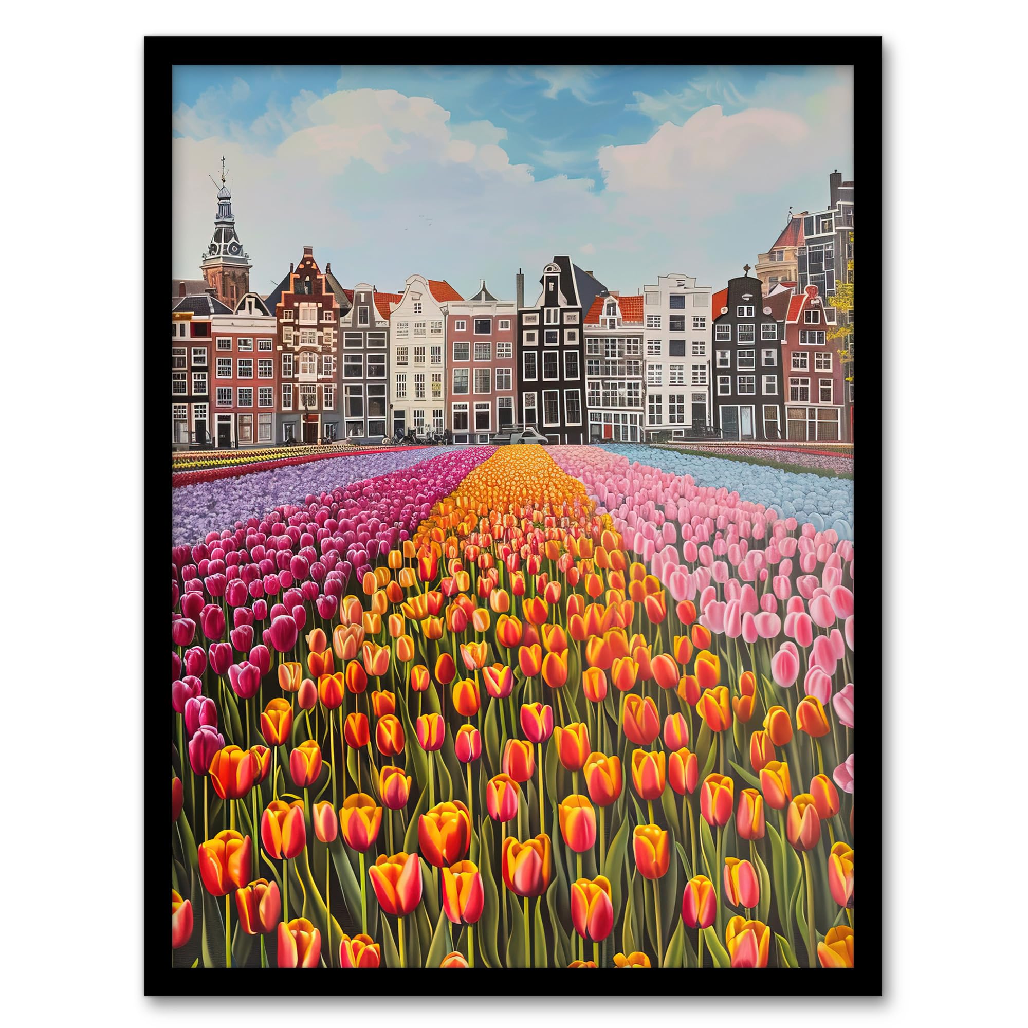 Artery8 Amsterdam Tulip Fields Cityscape Painting Modern Living Room Artwork Framed Wall Art Print 18X24 Inch