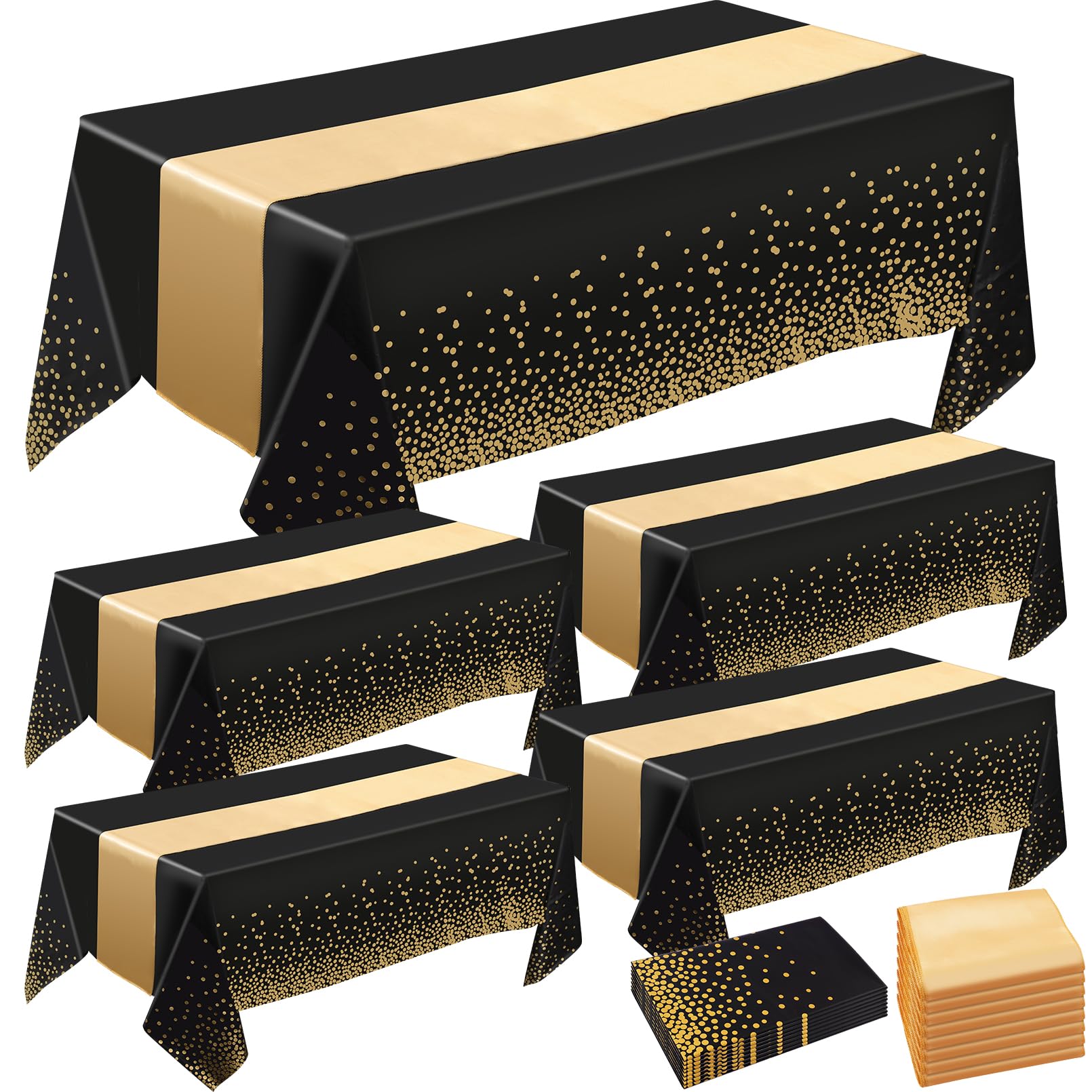 Incisite Black And Gold 8 Pack Tablecloths And Satin Table Runner,4 Dot Tablecloth 54X108 In,4 Gold Satin Table Runners 11X108 In,Disposable Plastic Table Cloths For Party Wedding Birthday Anniversary