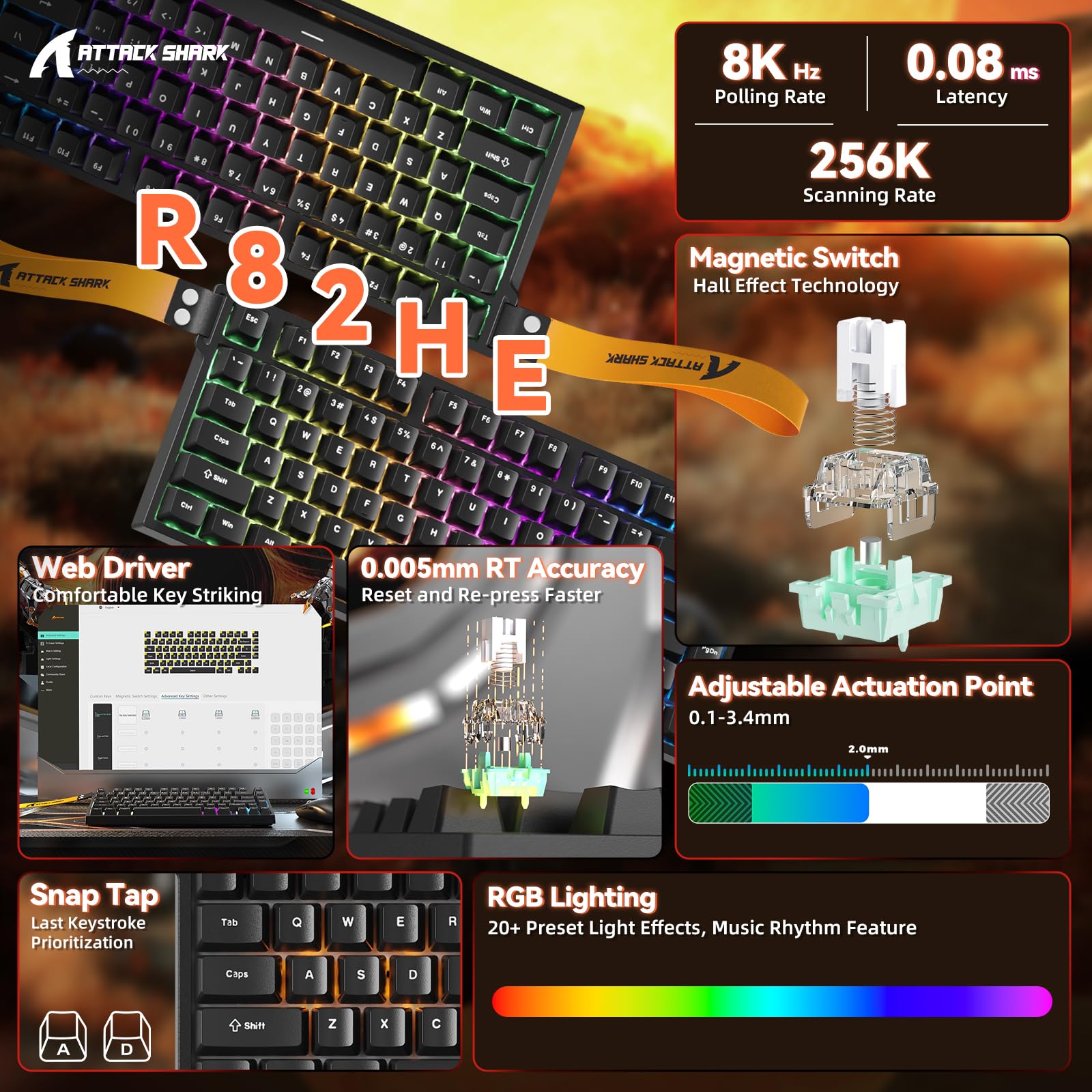 ATTACK SHARK R82 HE Tastiera Rapid Trigger 8000Hz, Precisione RT di 0,005mm, Tastiera Gaming RGB Cablata al 75%, Switch Magnetici, Attuazione Regolabile, Snap Tap, per PC/Mac, Nero