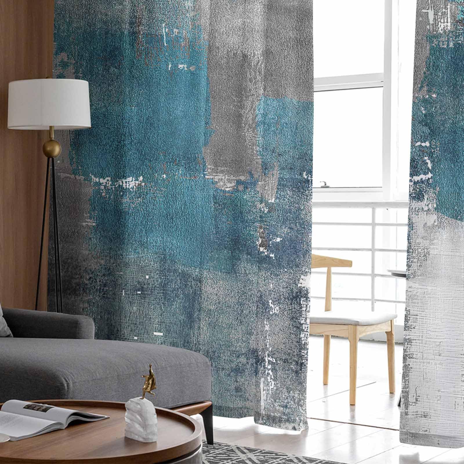 Amazon｜ターコイズブルーグレー シアーカーテン 長さ84インチ 2パネル