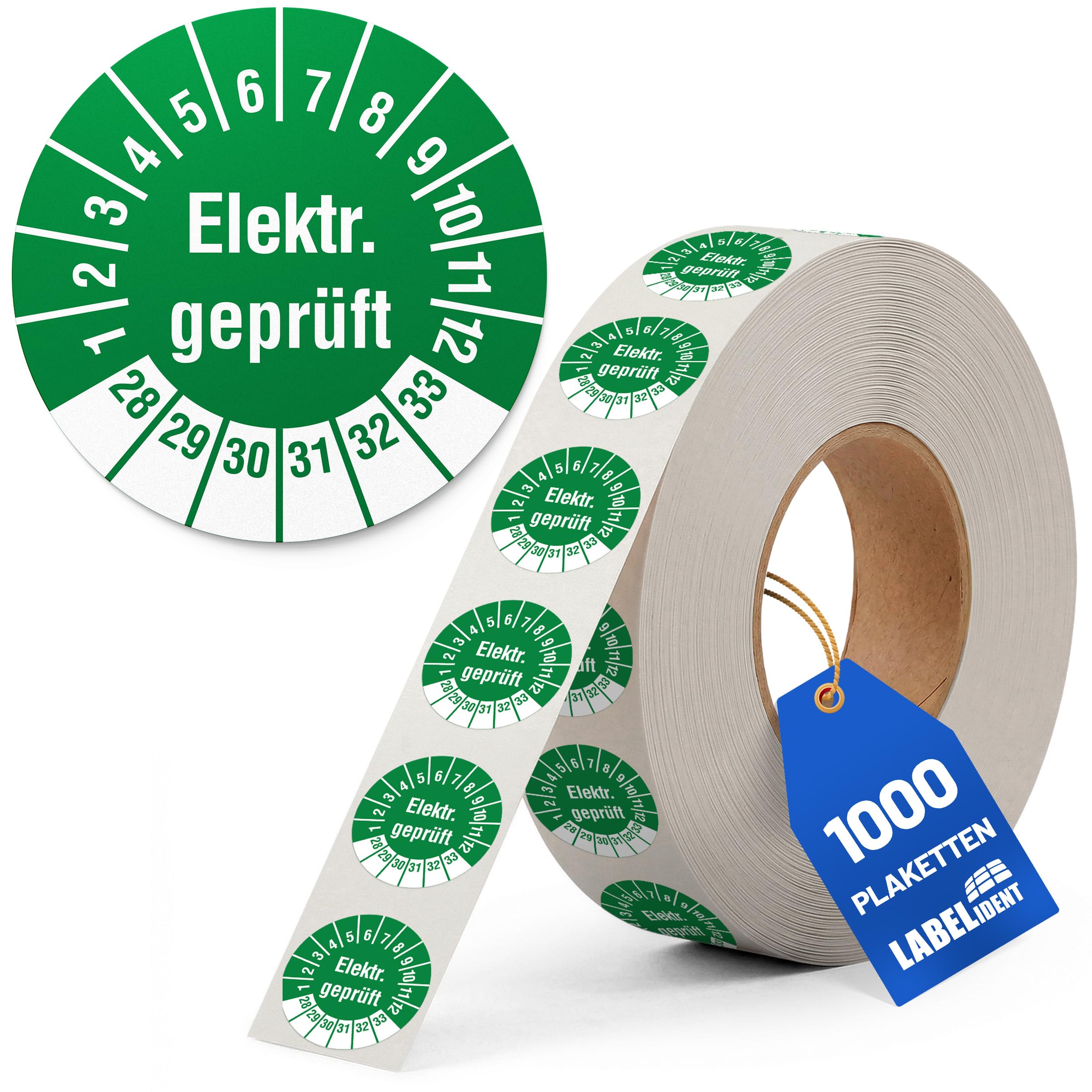 Labelident Prüfplaketten Elektr. geprüft - Ø 20 mm - 1.000 auf Rolle, 2028-2033, selbstklebend
