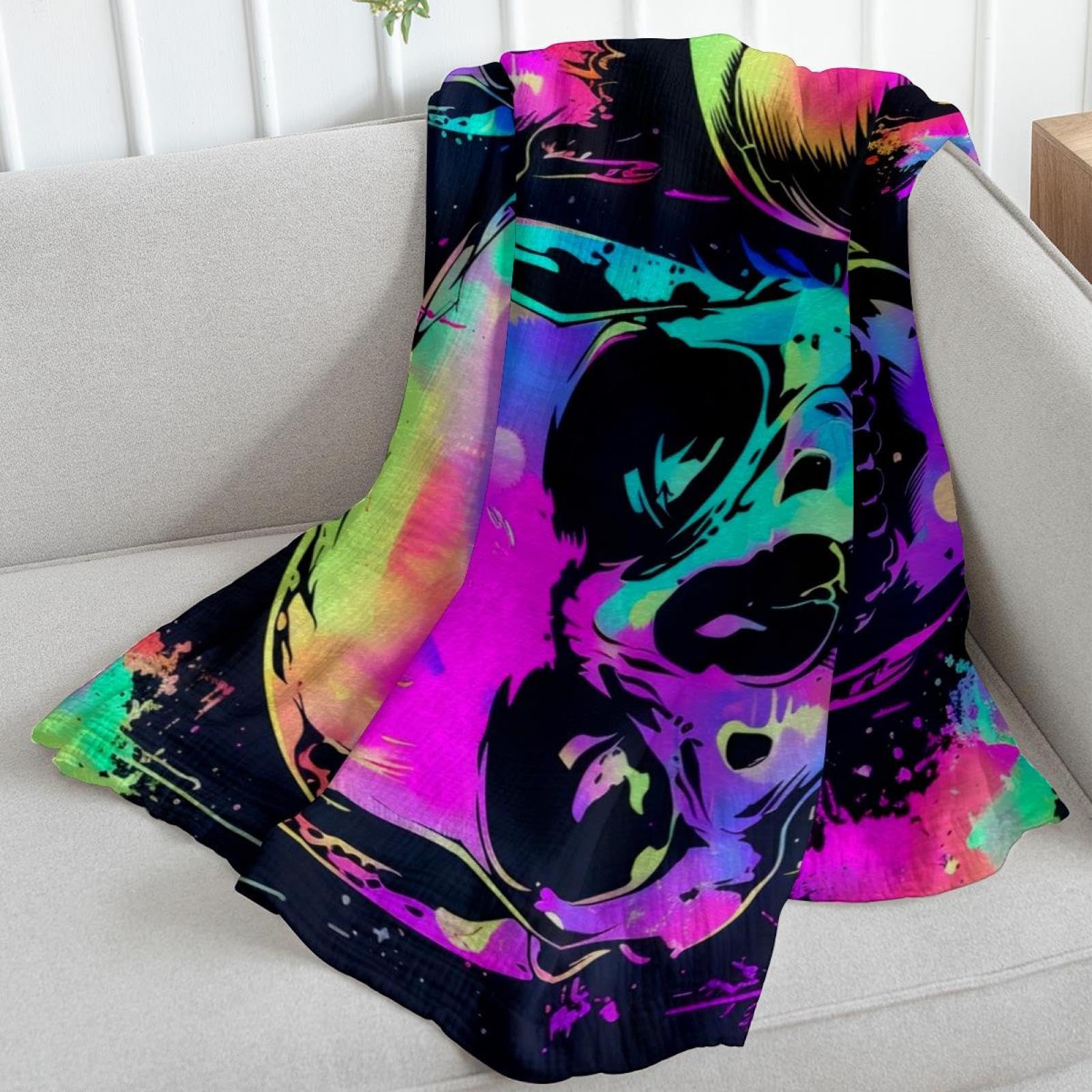 Coperta in pile con teschi con spruzzi al neon – morbida e leggera peluche accogliente – perfetta per letto, divano, divano, viaggi, campeggio, 150 x 200 cm