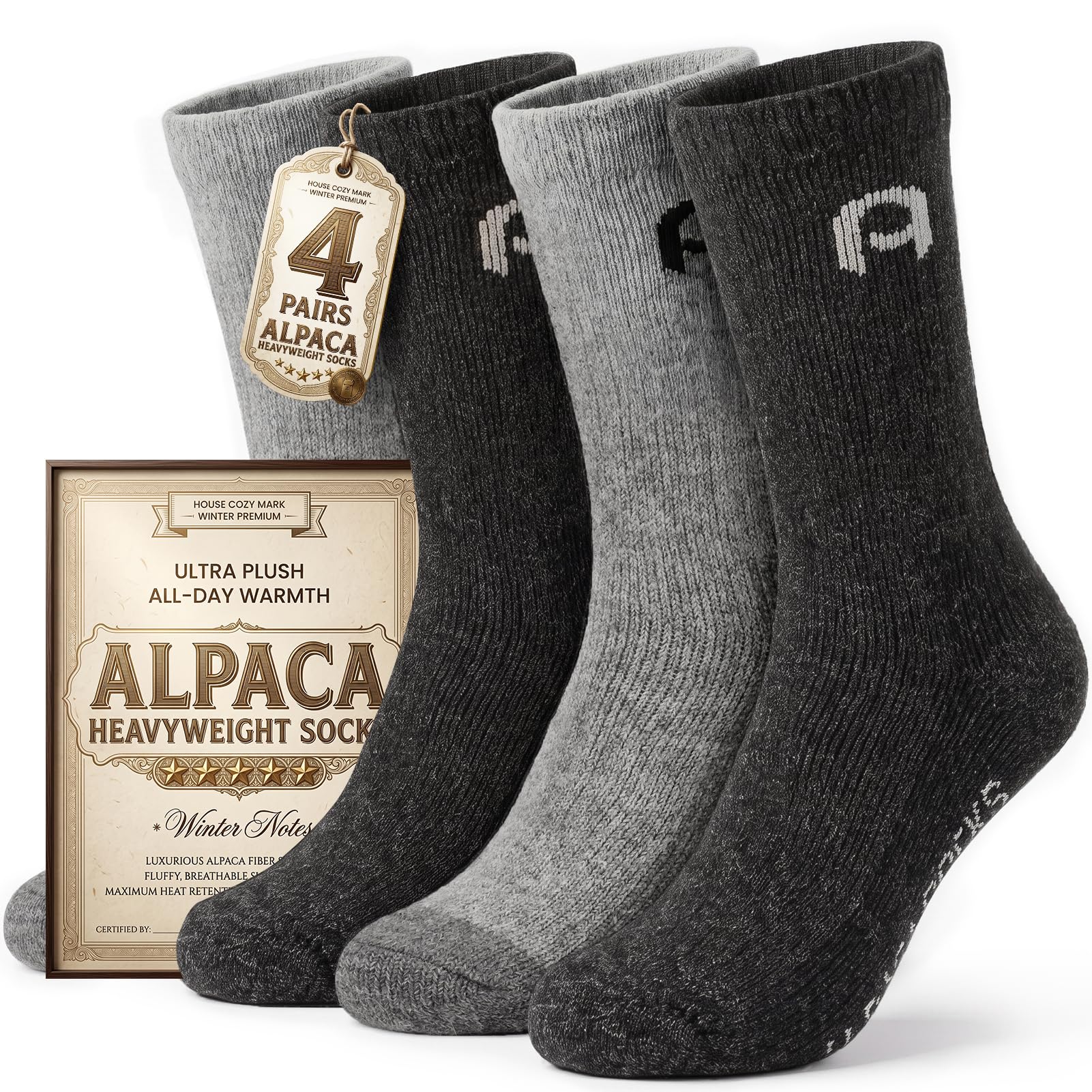 Alpacaparty Alpaca Crew Socks for Men & Women Heavyweight Thermal Socks | 4 Pairs Thick Warm Alpaca Wool Crew Socks for Hiking, Running, Breathable and Moisture Wicking for All-Day Comfort