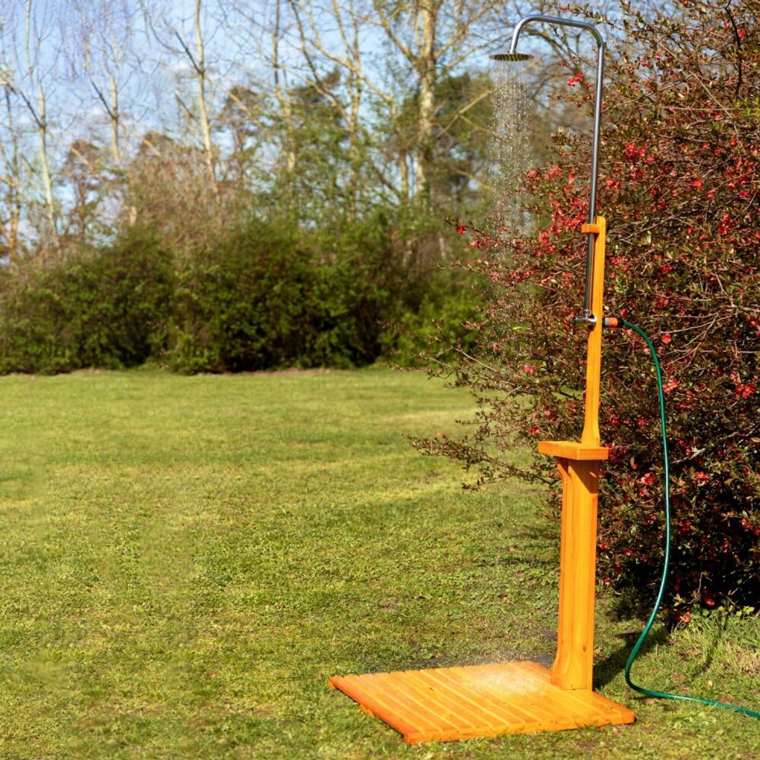 Holzdusche Garten 221cm Außendusche mit Bodenplatte Wetterfest Gartendusche | BURI Gartendusche aus geöltem Kiefernholz mit verzinktem Eisen und Gartenschlauchanschluss für Pool und Terrasse