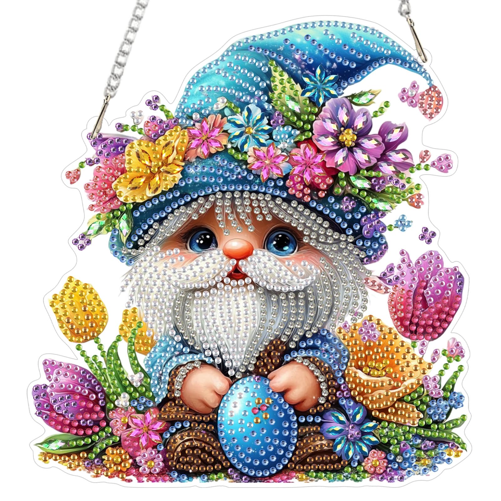 AIRDEA DIY Cute Cartoon Gnome Diamond Art Ornament Kit for Adults, Double-Sided Easter Egg Diamond Painting Hanging Kit, DIY Acrylic Special Shaped Drills Hanging Suncatcher