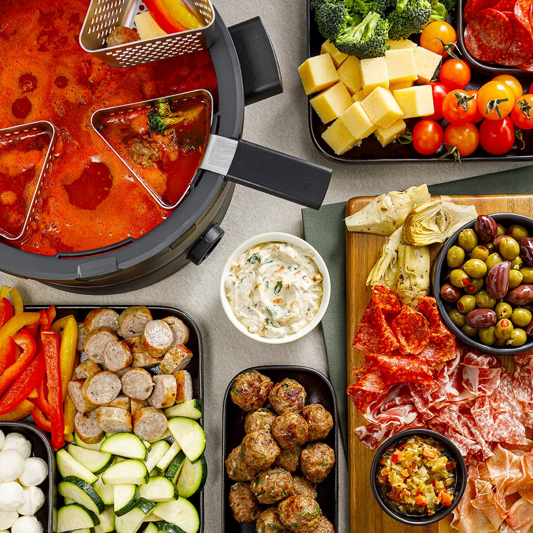 Evolution 3-in-1, Electric Fondue Set for Broth, Cheese & Chocolate. Fondue Pot with Ceramic Double-Boil Bowl, Heat-Resistant Base, Temperature Control, 6 Perforated Baskets &Tongs.