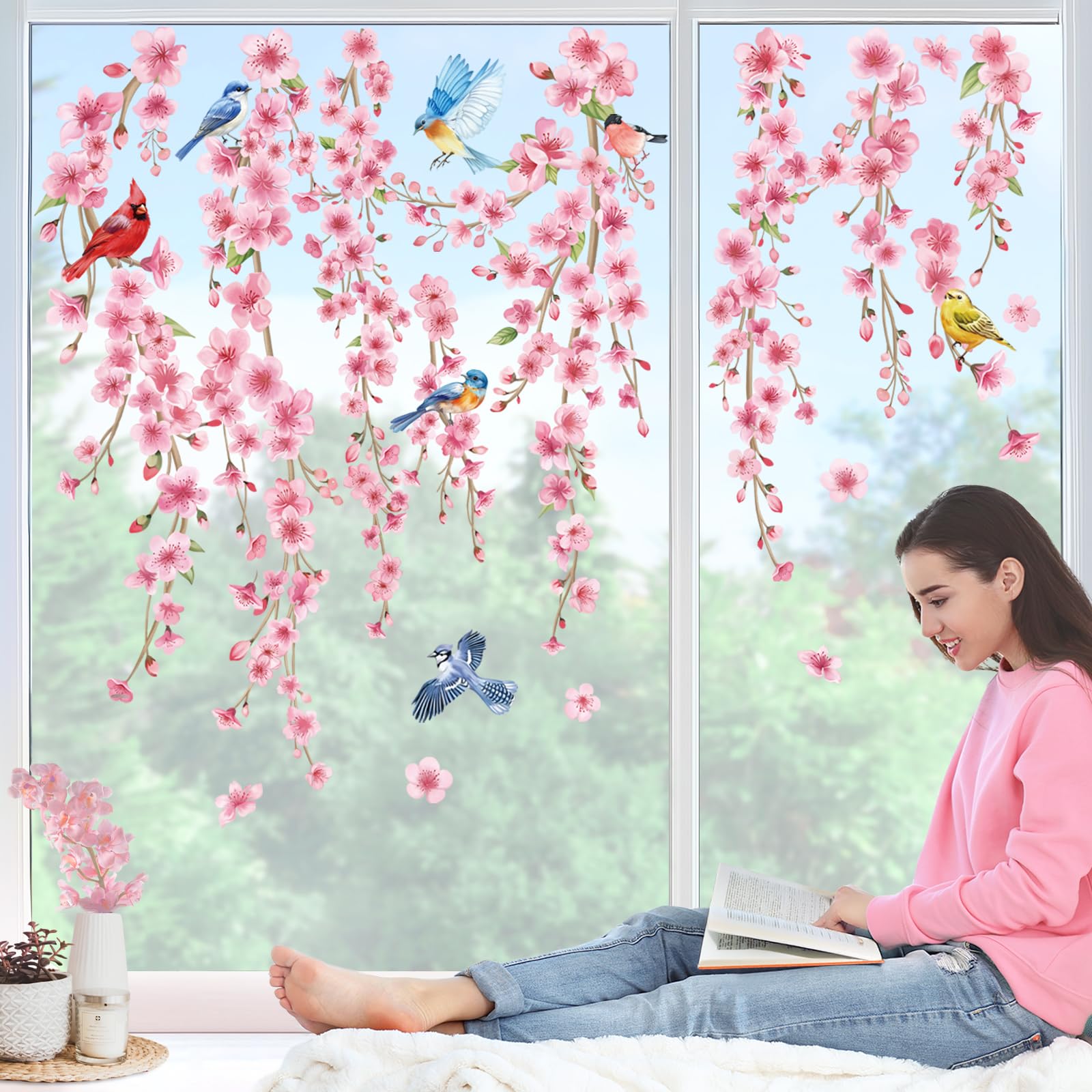 wondever Cherry Blossom Flowers Window Clings Pink Floral Hanging Vine Birds Glass Sticker Decal Anti Collision Double-Side Static Window Stickers for Home Glass Window - Image 3