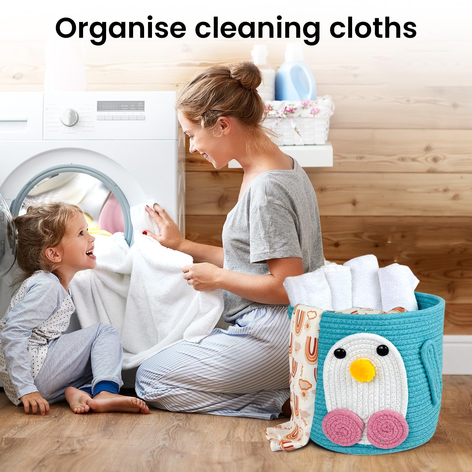 BIANCO Tall Cotton Rope Storage Basket with Lid | Cute Penguin Design Multipurpose Organizer Bin for Toys, Baby Supplies & Laundry | Durable, Foldable Decorative Storage Box Product Image 2