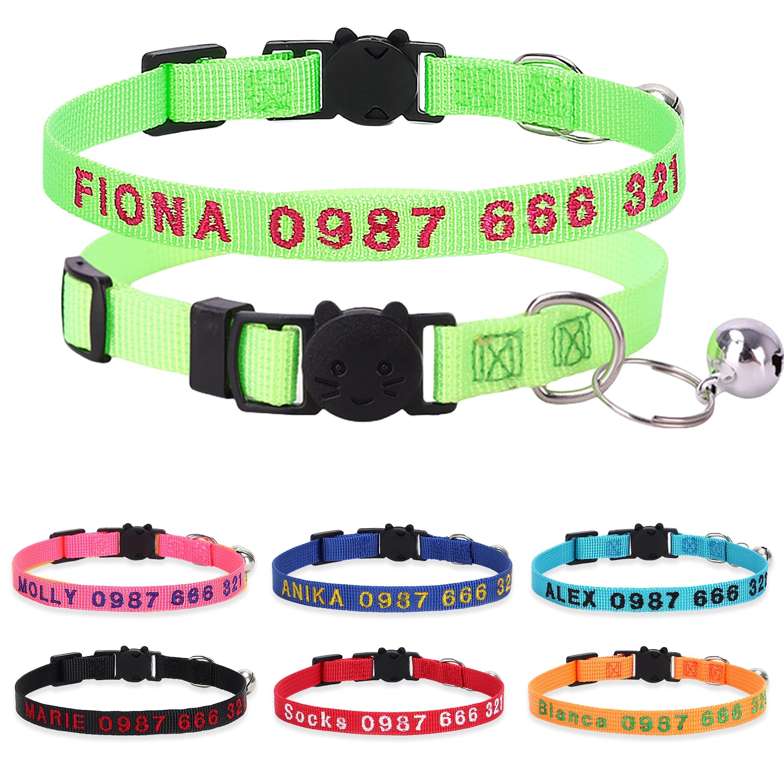 Personalized Cat Collars, Embroidered with Pet Name and Phone Number, Adjustable Nylon Breakaway Safety Release Buckle ID Collar,Custom Text with Bell for Cat or Kitten,Grass Green